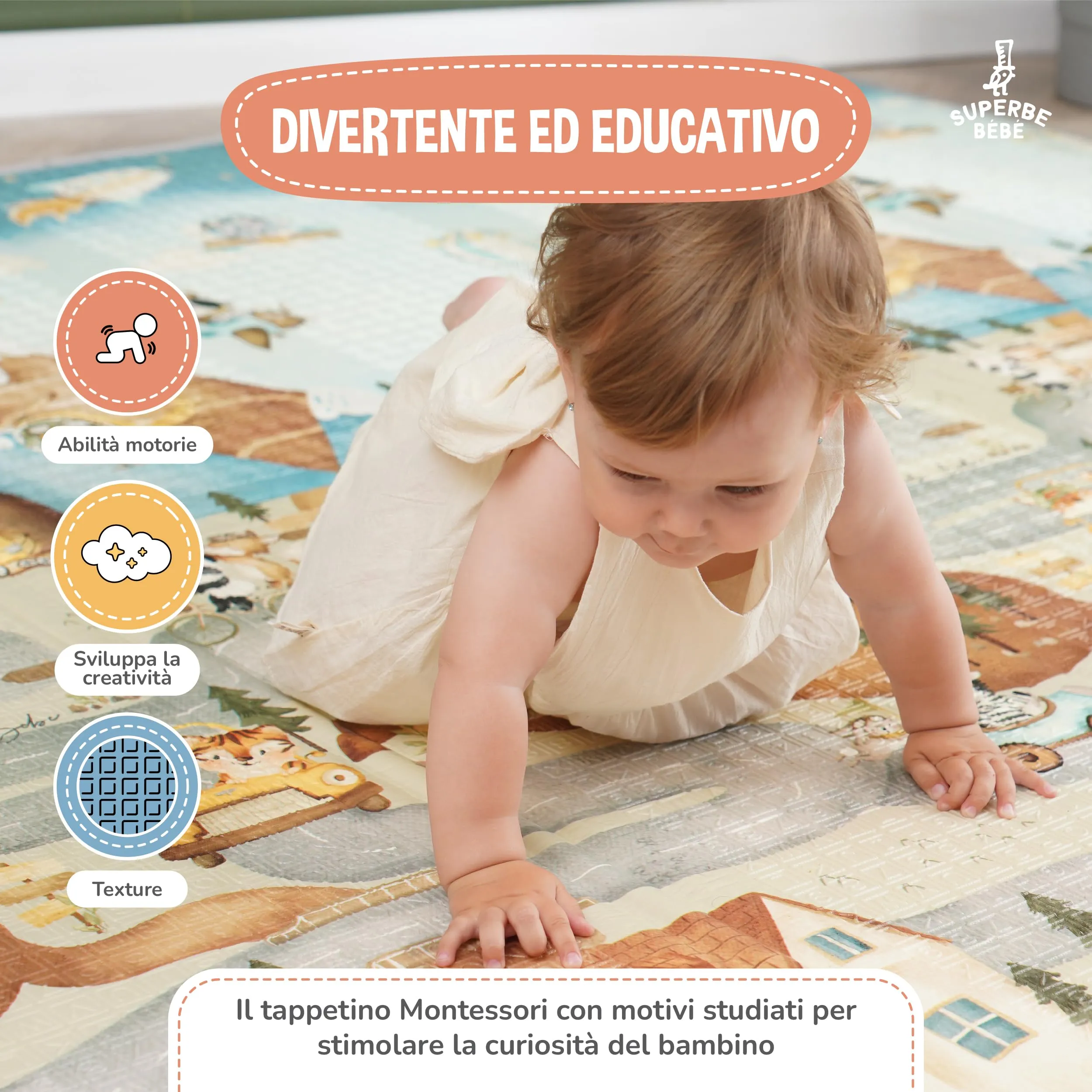 SUPERBE BEBE Tappeto Gioco Bambini Pieghevole 150x180x1cm Montessori Reversibile in Schiuma - immagine 6