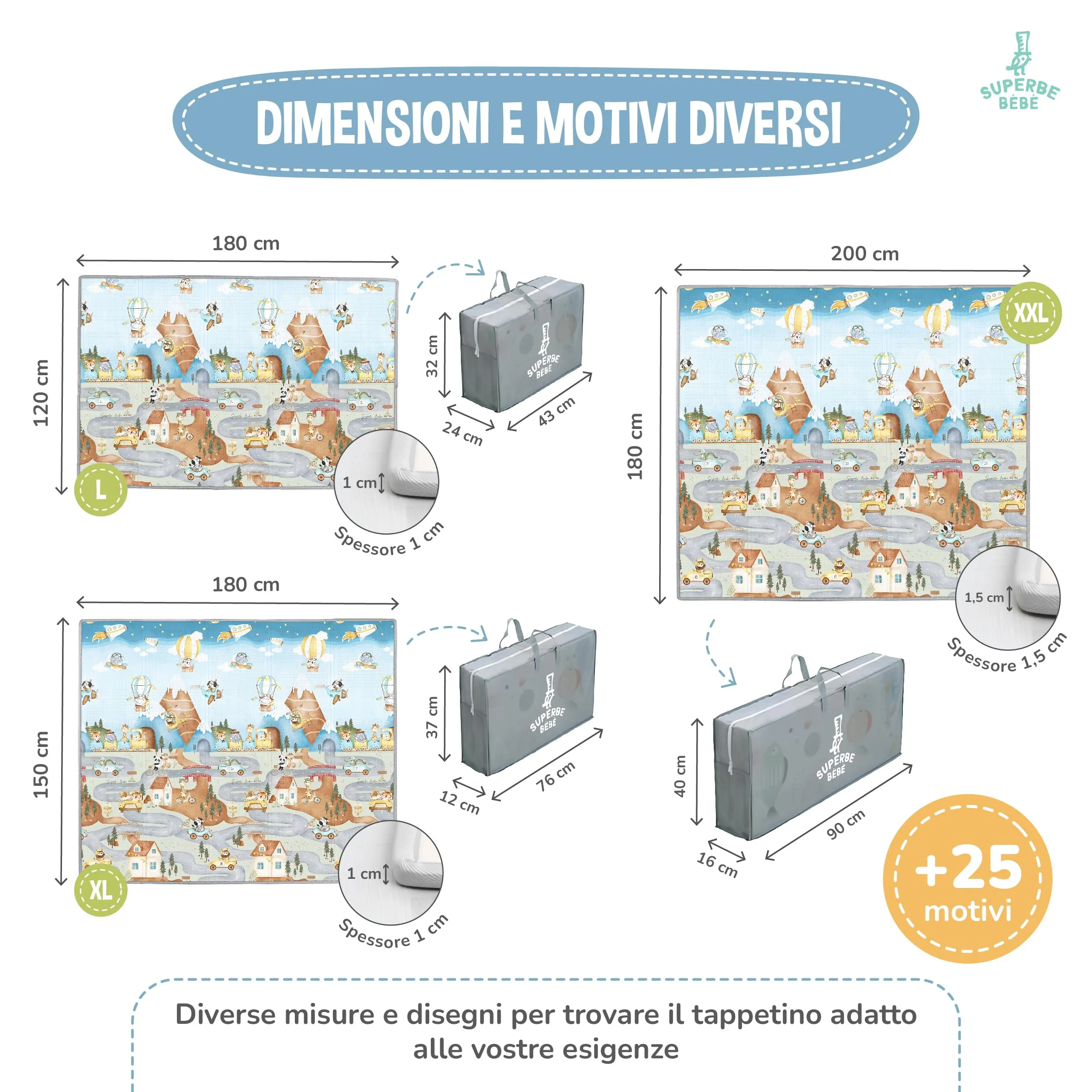 SUPERBE BEBE Tappeto Gioco Bambini Pieghevole 150x180x1cm Montessori Reversibile in Schiuma - immagine 7
