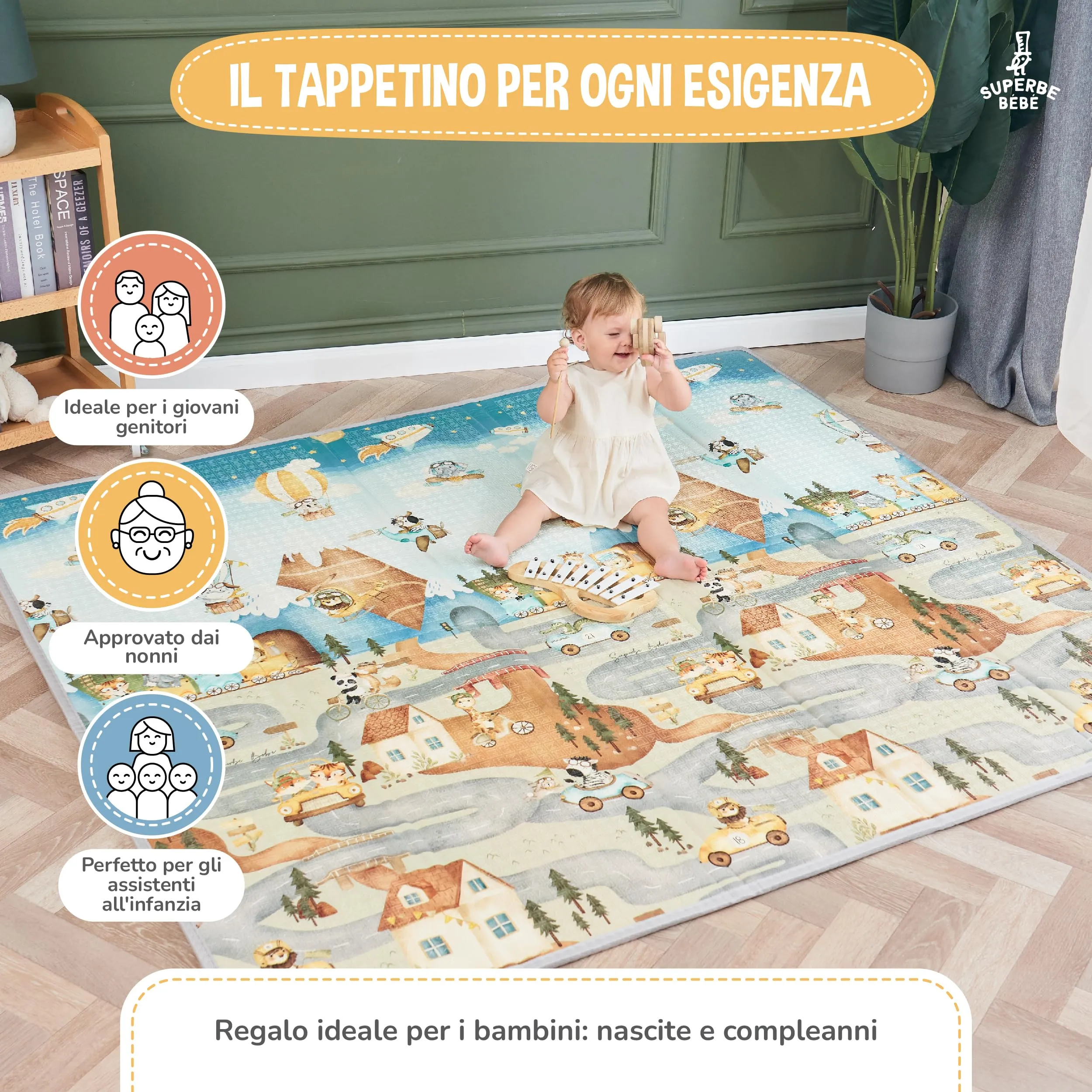 SUPERBE BEBE Tappeto Gioco Bambini Pieghevole 150x180x1cm Montessori Reversibile in Schiuma - immagine 8