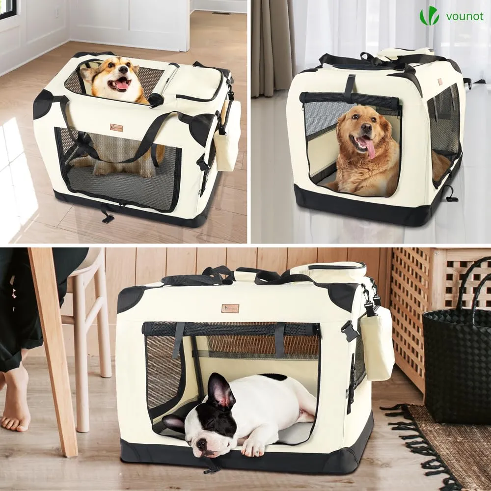 VOUNOT Trasportino per Cani e Gatti, Borsa da Trasporto Pieghevole con Materasso Morbido e Strisce Riflettenti, L 70x52x52cm, Beige - immagine 6