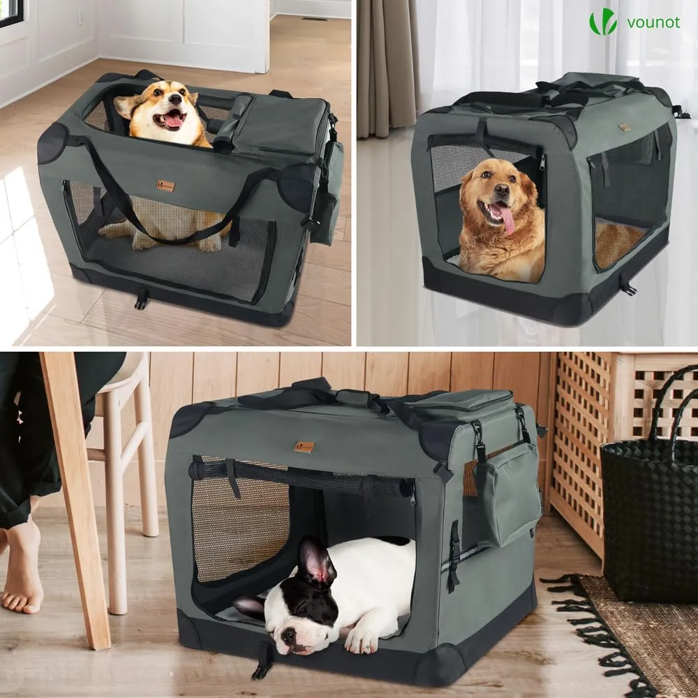 VOUNOT Trasportino per Cani e Gatti, Borsa da Trasporto Pieghevole con Materasso Morbido e Strisce Riflettenti, Grigio, L 70x52x52cm - immagine 6