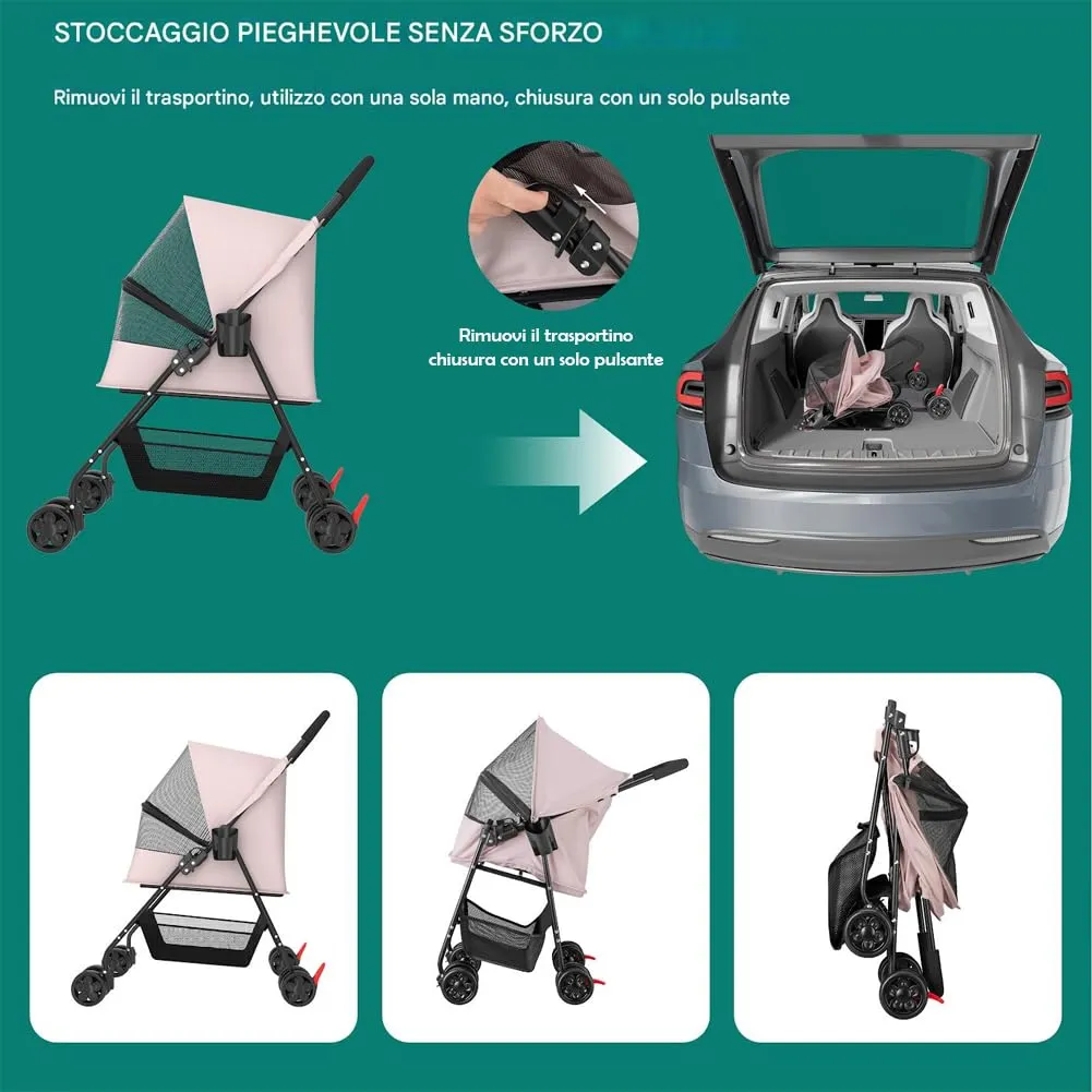 BAKAJI Passeggino per Animali Domestici, Carico Massimo 15kg, Pieghevole con Cestello Portaoggetti e Cappottina Anti UV, Rosa - immagine 2