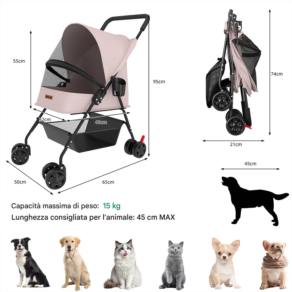 BAKAJI Passeggino per Animali Domestici, Carico Massimo 15kg, Pieghevole con Cestello Portaoggetti e Cappottina Anti UV, Rosa - immagine 3