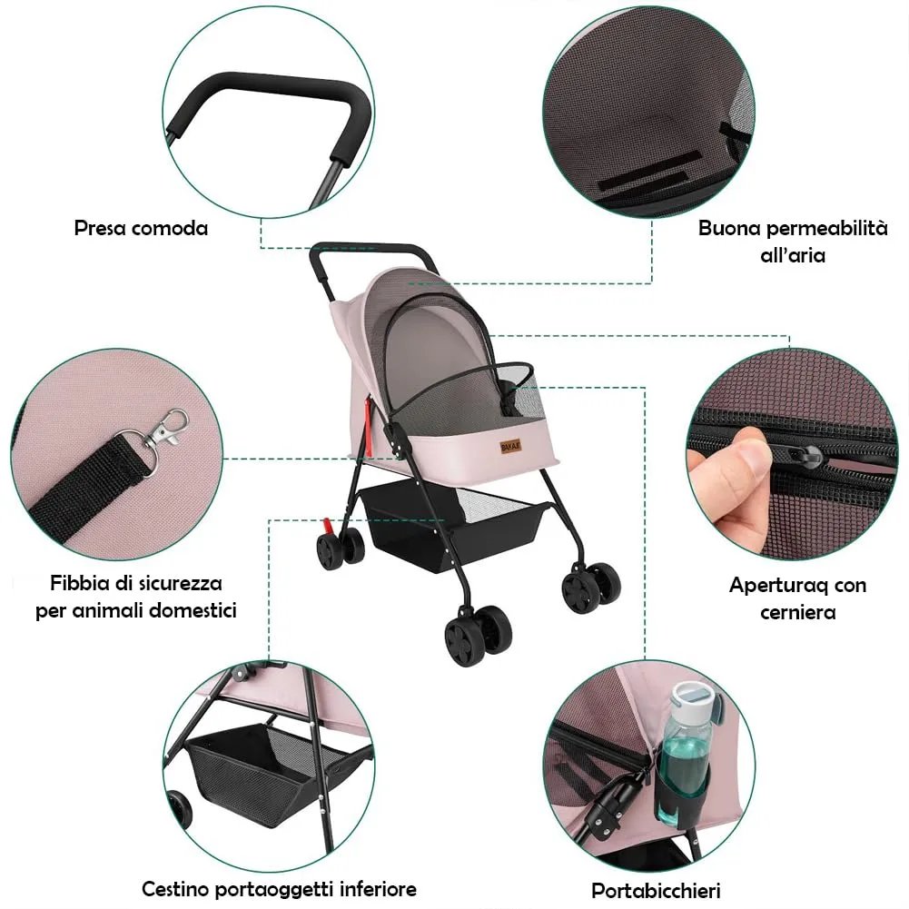 BAKAJI Passeggino per Animali Domestici, Carico Massimo 15kg, Pieghevole con Cestello Portaoggetti e Cappottina Anti UV, Rosa - immagine 5