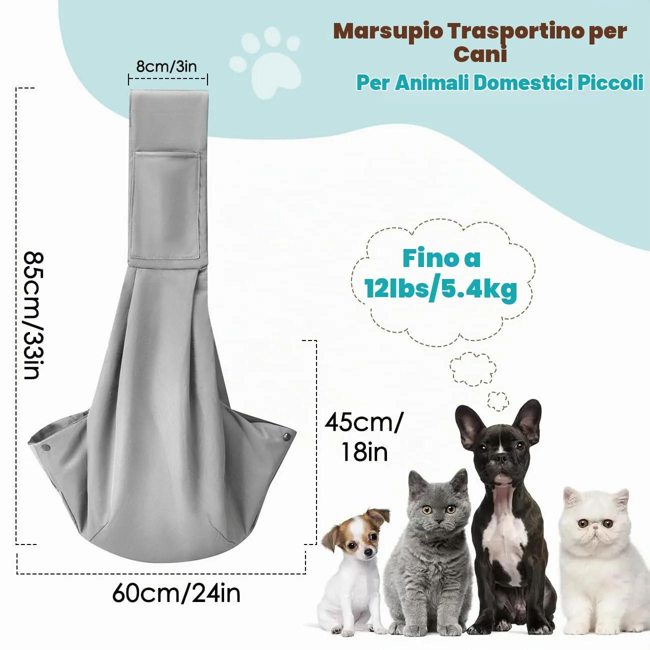 Pawaboo Trasportino Reversibile a Mani Libere per Cani di Piccola Taglia e Gatti, Grigio Chiaro - immagine 2