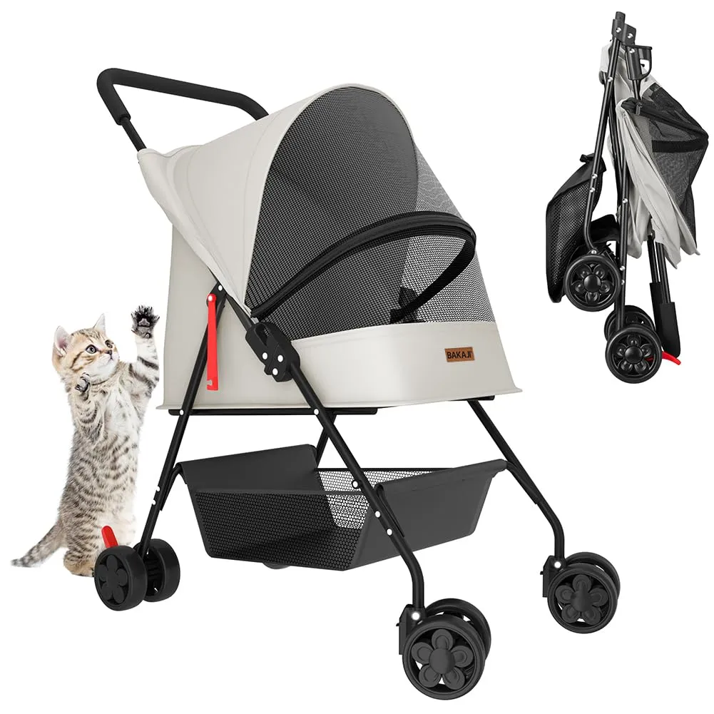 BAKAJI Passeggino per Animali Domestici fino a 15kg, Pieghevole con Cestello e Ruote Bloccabili, Cappottina Anti UV (Grigio) - immagine 1