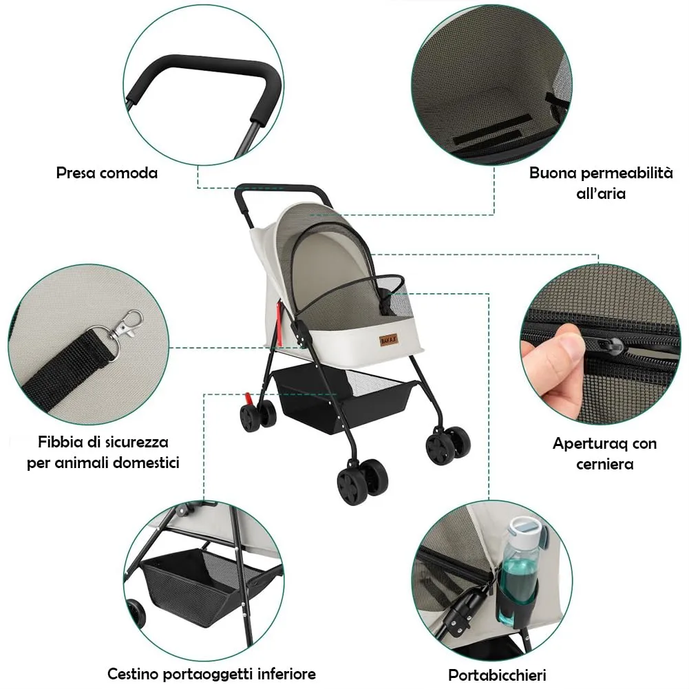 BAKAJI Passeggino per Animali Domestici fino a 15kg, Pieghevole con Cestello e Ruote Bloccabili, Cappottina Anti UV (Grigio) - immagine 3