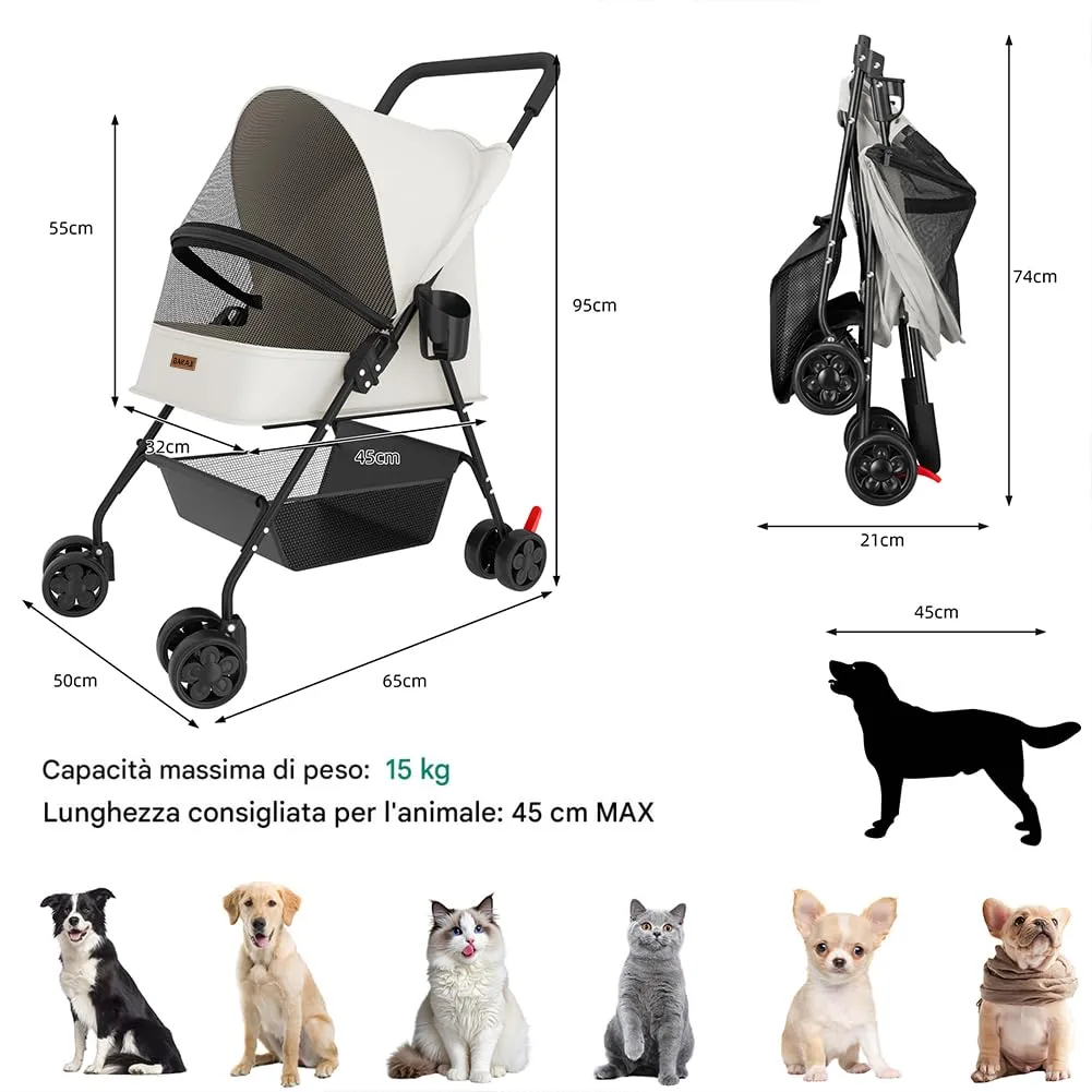 BAKAJI Passeggino per Animali Domestici fino a 15kg, Pieghevole con Cestello e Ruote Bloccabili, Cappottina Anti UV (Grigio) - immagine 5
