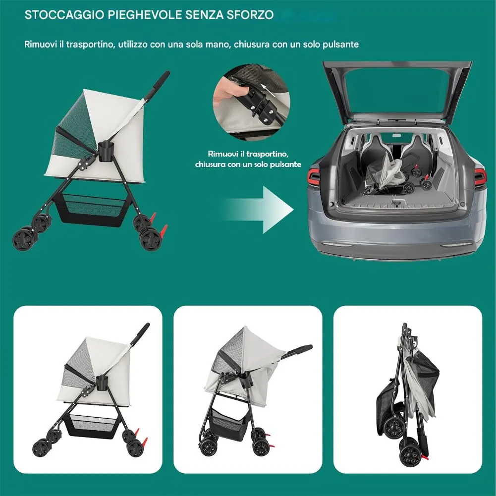 BAKAJI Passeggino per Animali Domestici fino a 15kg, Pieghevole con Cestello e Ruote Bloccabili, Cappottina Anti UV (Grigio) - immagine 6