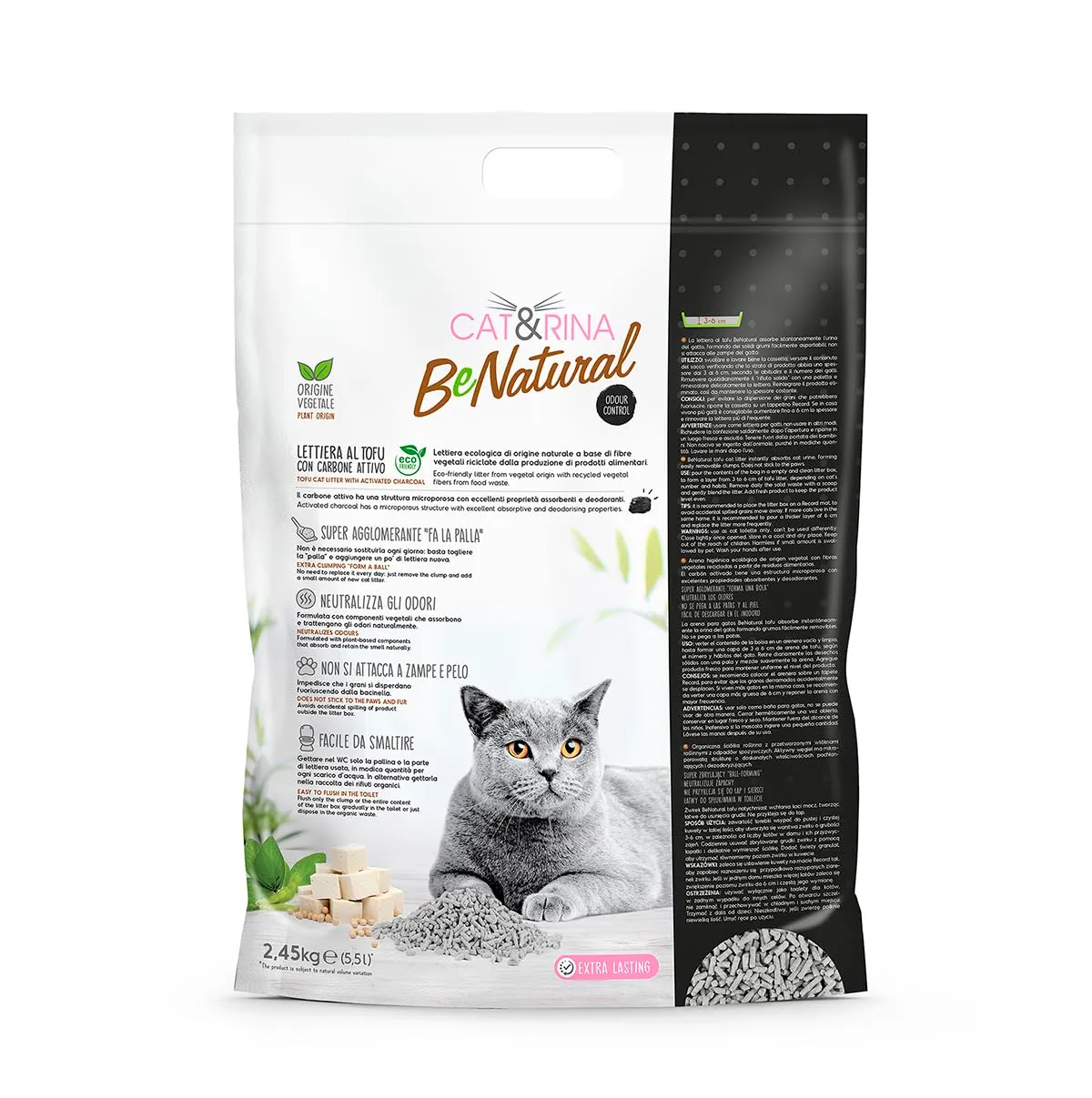 Cat&Rina BeNatural Lettiera per Gatti al Tofu, Agglomerante Vegetale ai Carboni Attivi, 5,5l (Confezione da 2) - immagine 4