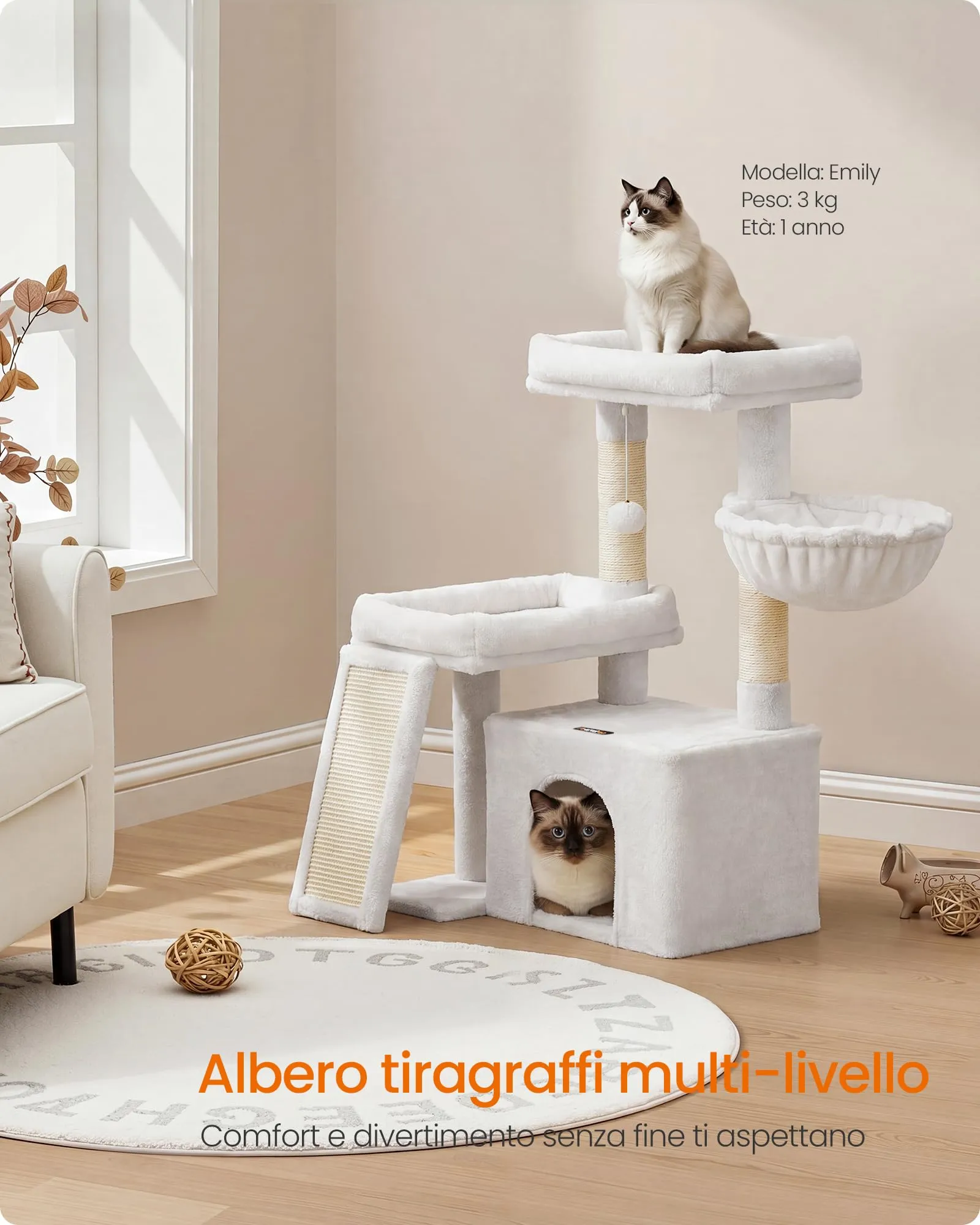 Feandrea Albero per Gatti con Tiragraffi in Sisal e Peluche, 60 x 40 x 86 cm, Bianco Crema - immagine 2