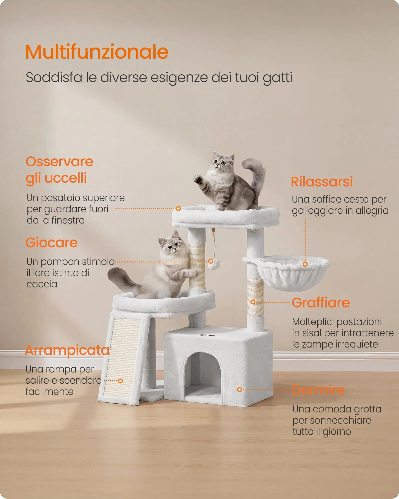 Feandrea Albero per Gatti con Tiragraffi in Sisal e Peluche, 60 x 40 x 86 cm, Bianco Crema - immagine 3