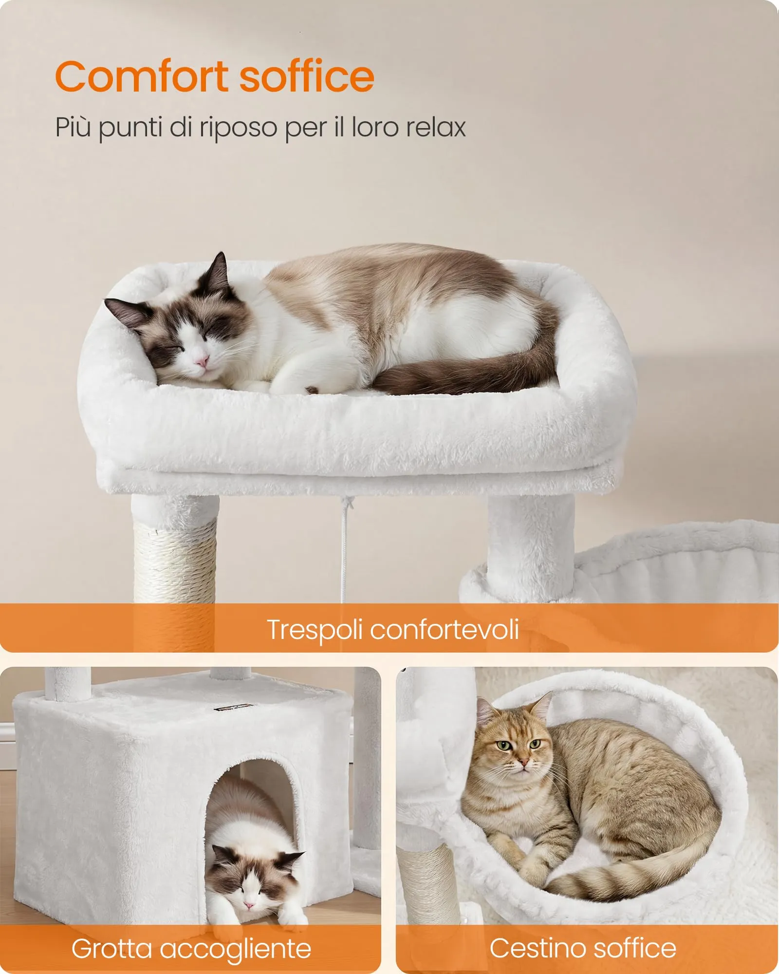 Feandrea Albero per Gatti con Tiragraffi in Sisal e Peluche, 60 x 40 x 86 cm, Bianco Crema - immagine 4