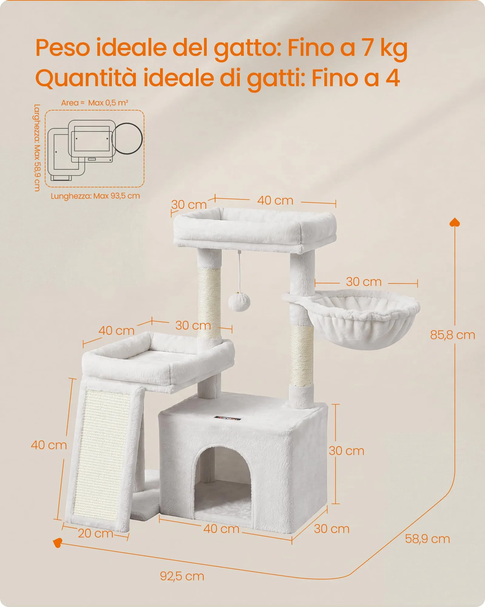 Feandrea Albero per Gatti con Tiragraffi in Sisal e Peluche, 60 x 40 x 86 cm, Bianco Crema - immagine 6