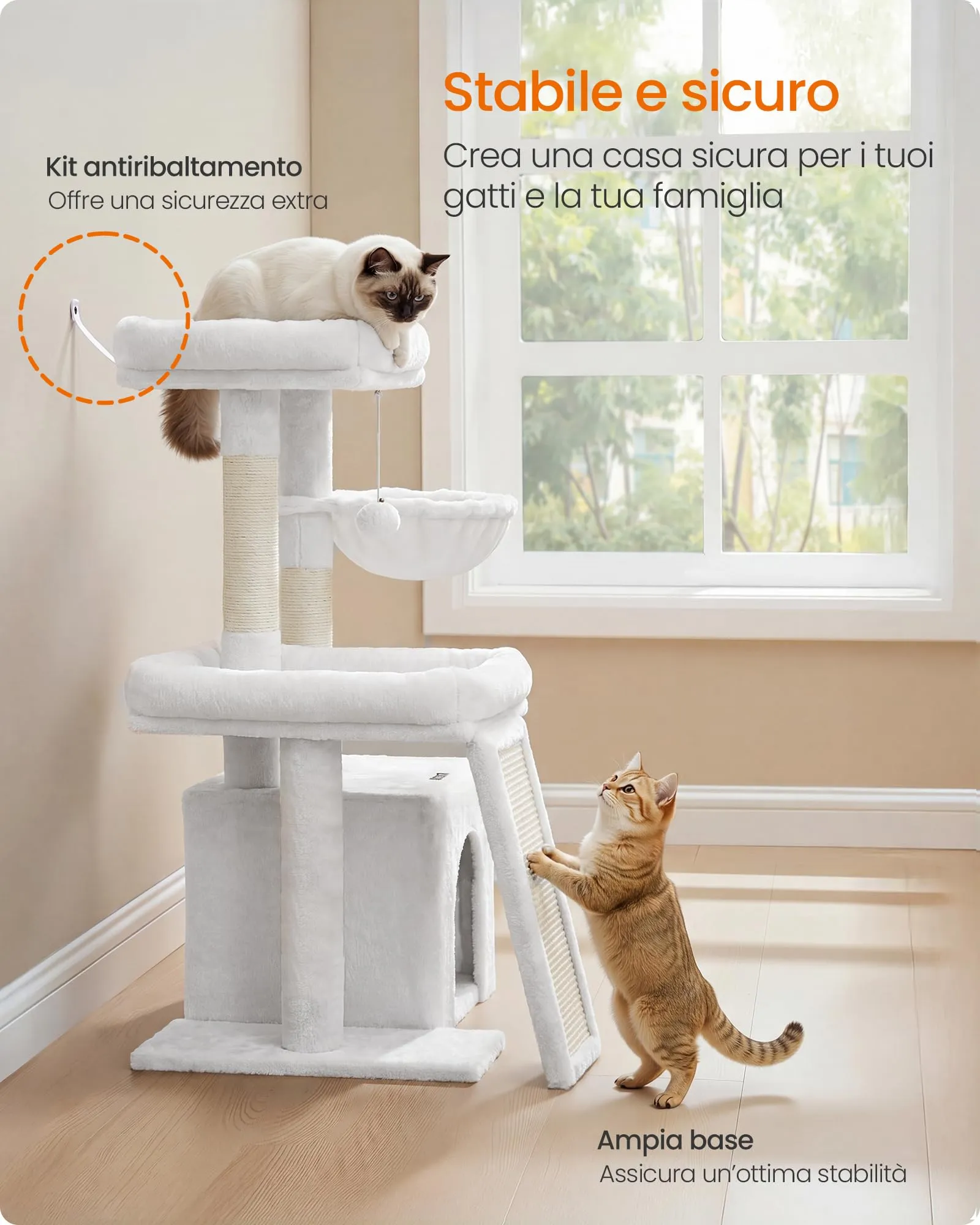 Feandrea Albero per Gatti con Tiragraffi in Sisal e Peluche, 60 x 40 x 86 cm, Bianco Crema - immagine 7