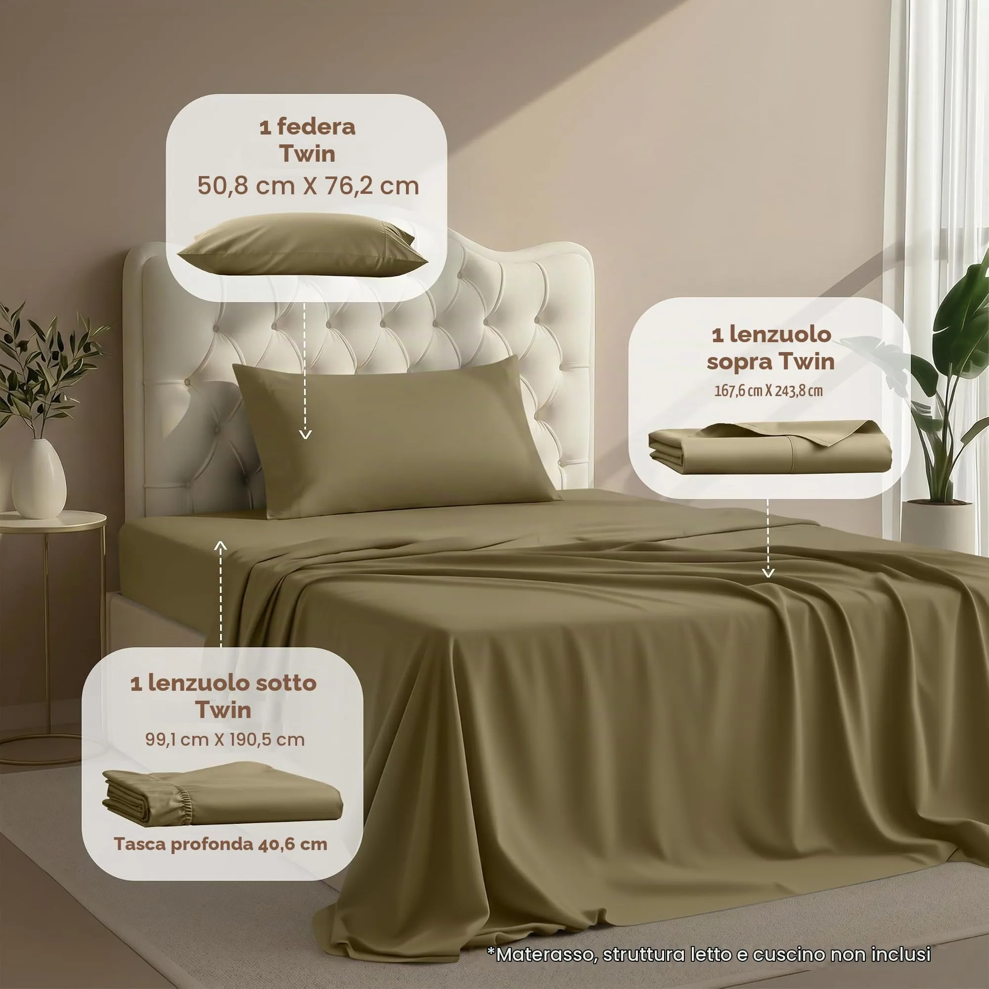 Utopia Bedding Set di lenzuola in microfibra spazzolata, Matrimoniale, Olivo - immagine 2
