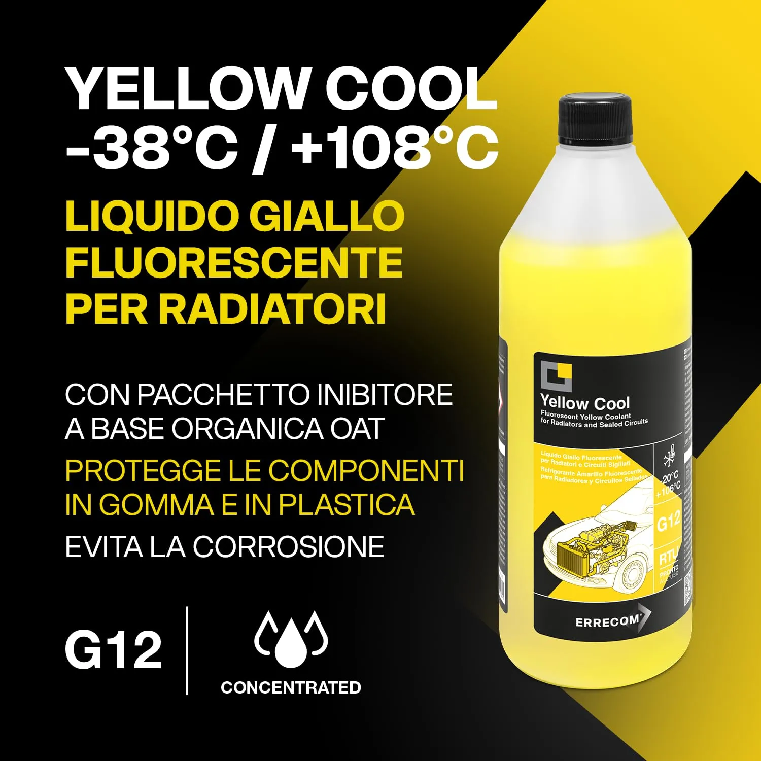 ERRECOM Yellow Cool Liquido Radiatore Giallo Fluorescente Concentrato Antigelo G12 OAT, 1 Litro - immagine 2