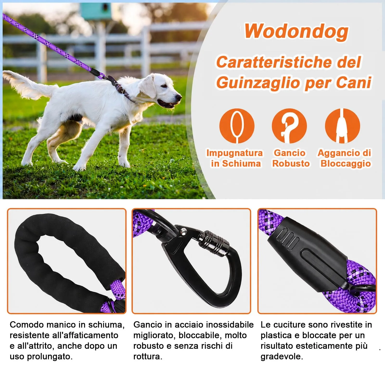 Wodondog Guinzaglio per Cani in Nylon Riflettente, 3M * 1.2cm, Viola - immagine 2