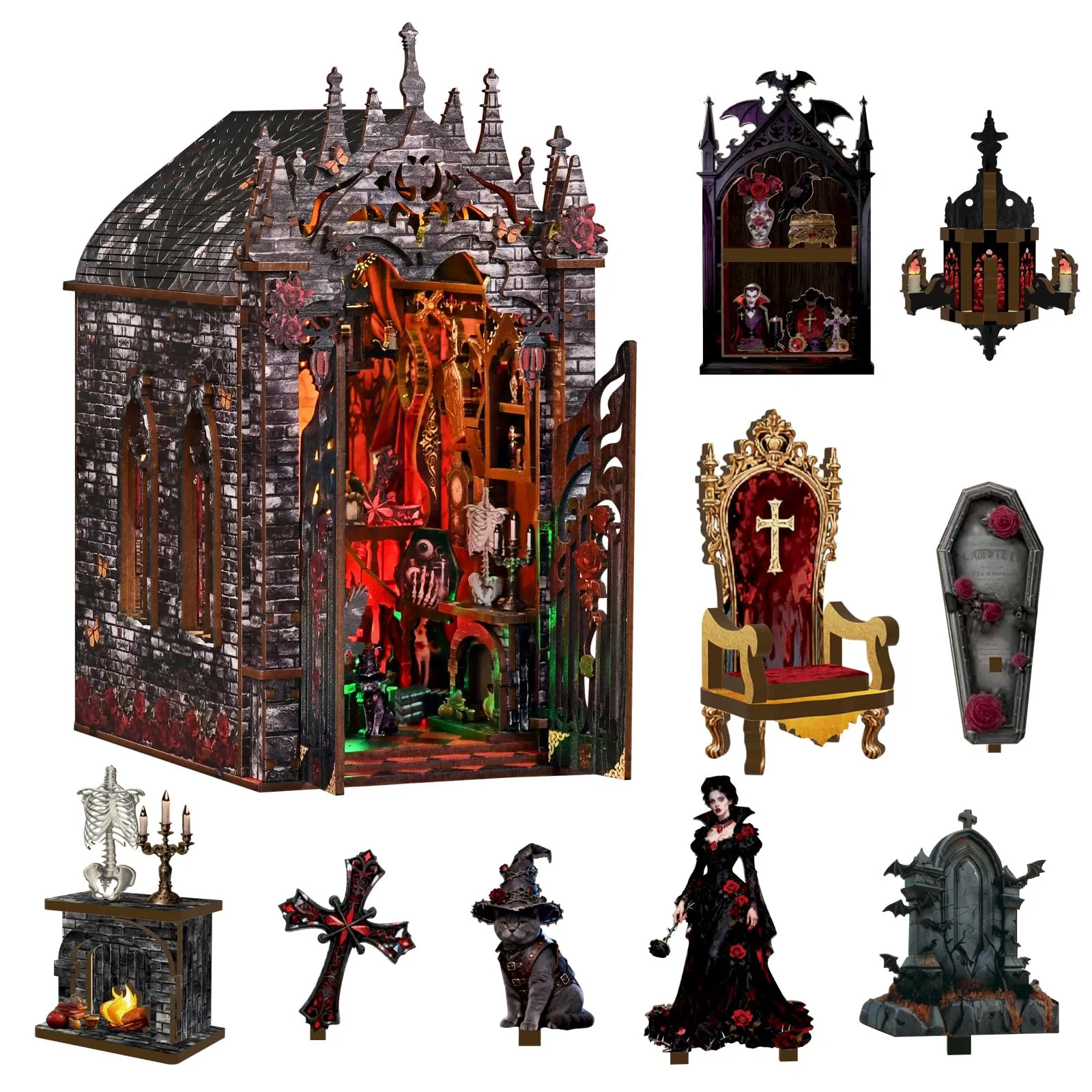 BATTREVO DIY Book Nook Kit - Aastle Oscuro Wooden 3D Puzzle with LED Light - immagine 1