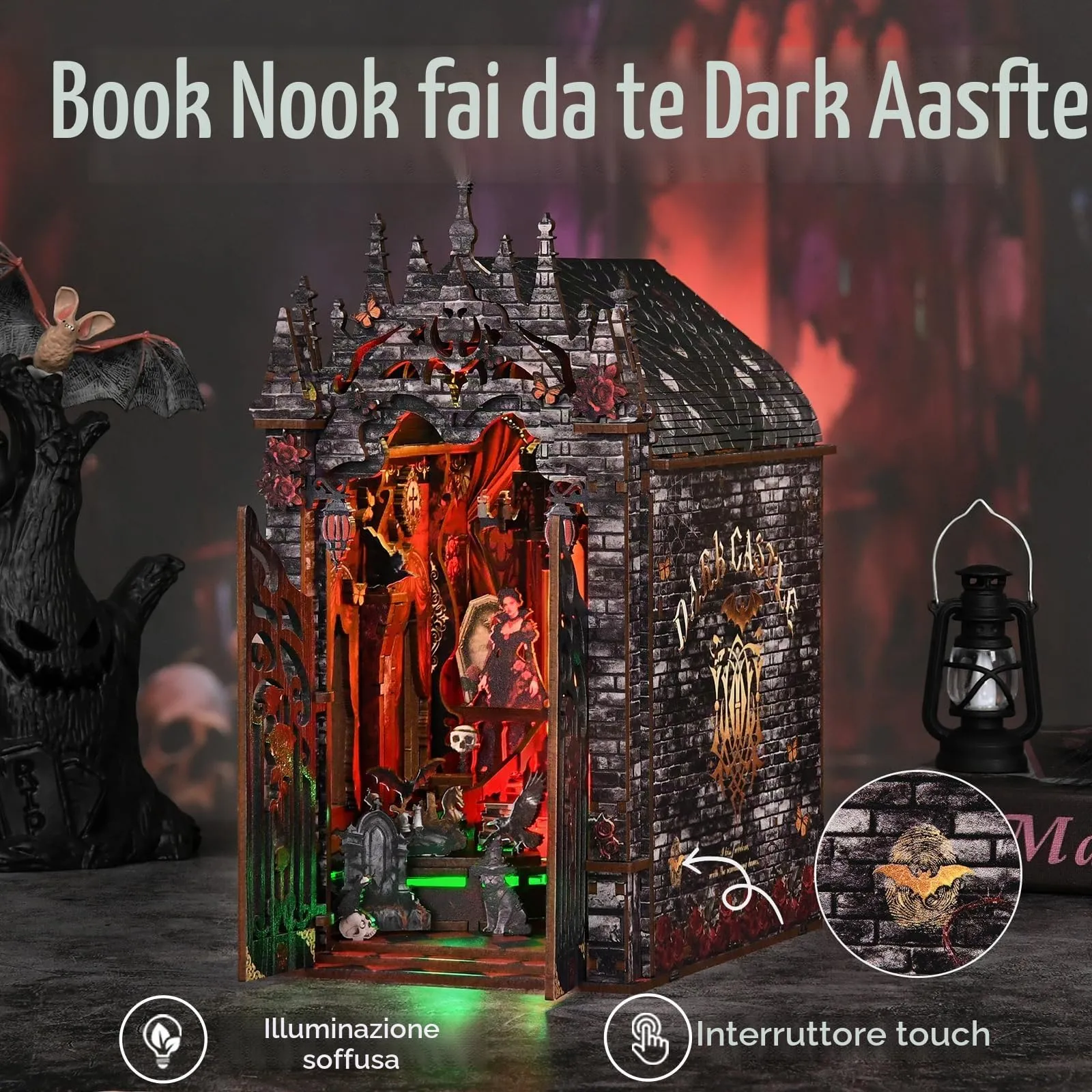 BATTREVO DIY Book Nook Kit - Aastle Oscuro Wooden 3D Puzzle with LED Light - immagine 4