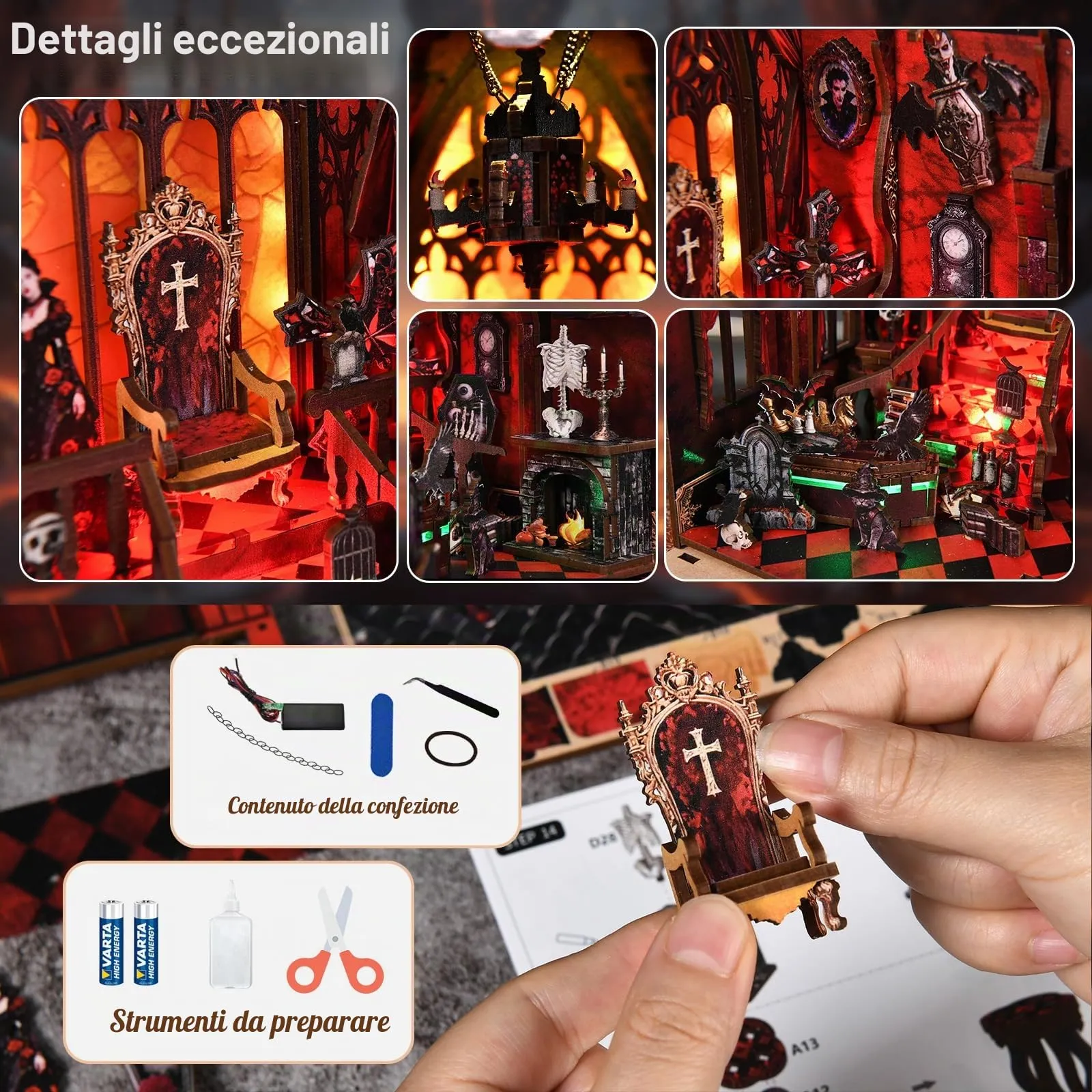 BATTREVO DIY Book Nook Kit - Aastle Oscuro Wooden 3D Puzzle with LED Light - immagine 6