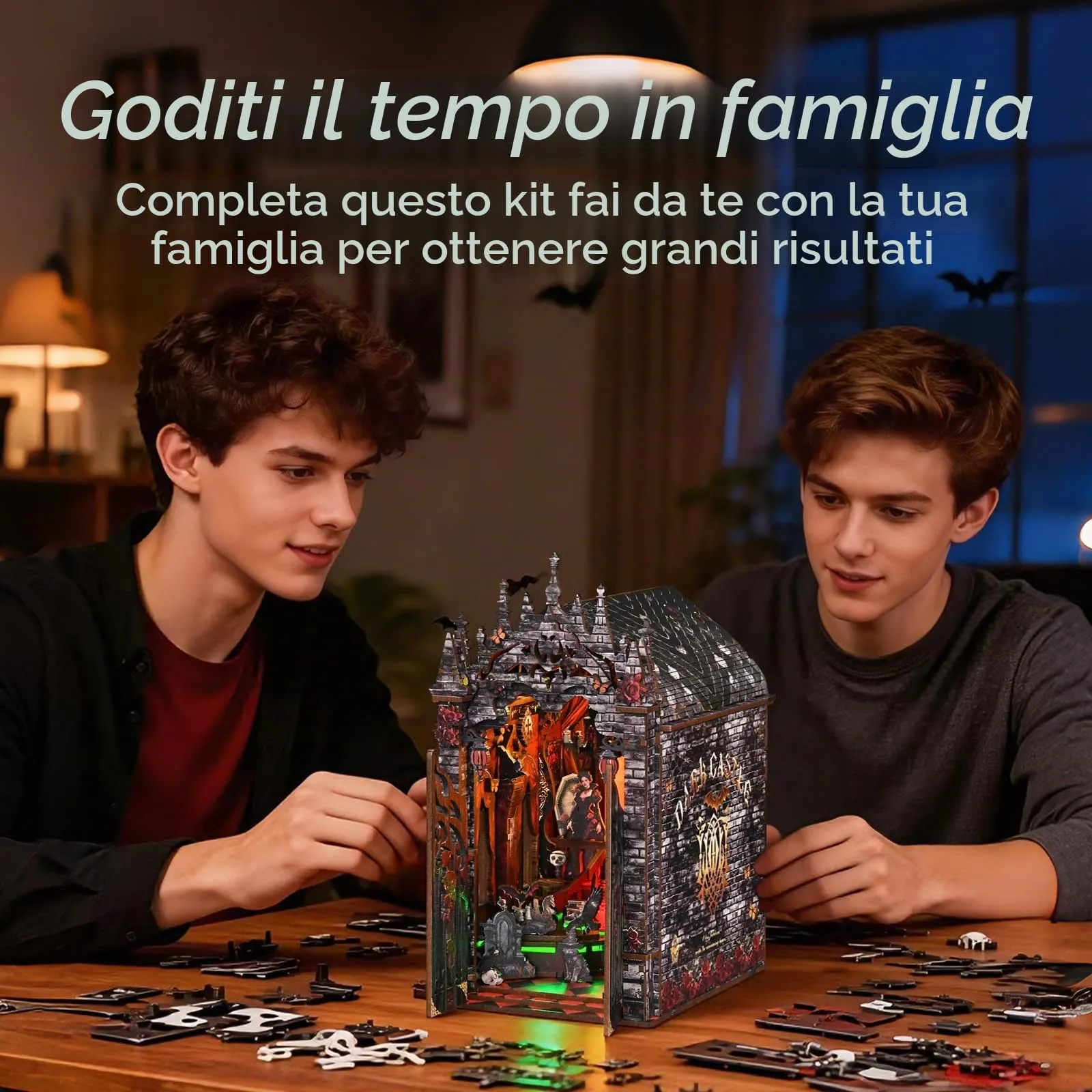BATTREVO DIY Book Nook Kit - Aastle Oscuro Wooden 3D Puzzle with LED Light - immagine 7