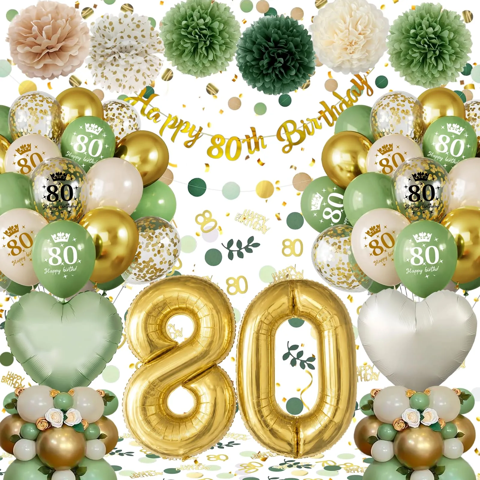 Almaxi Set Decorazioni 80 Anni Compleanno Verde Oro, Palloncini Numero 80 32 Pollici, Striscione e Accessori - immagine 1