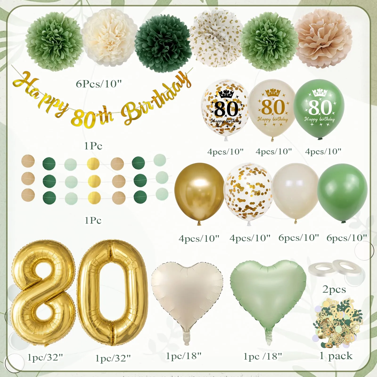 Almaxi Set Decorazioni 80 Anni Compleanno Verde Oro, Palloncini Numero 80 32 Pollici, Striscione e Accessori - immagine 2