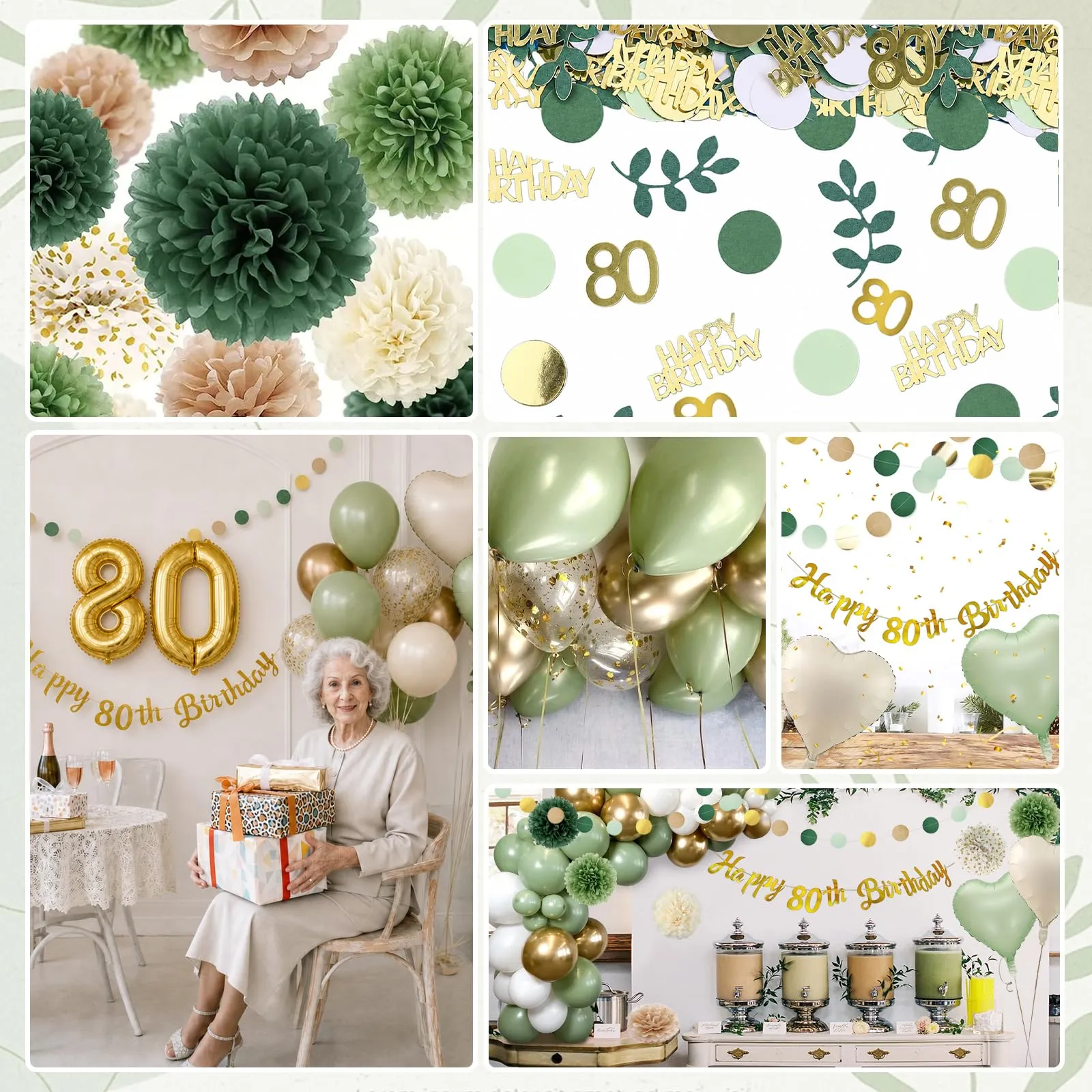 Almaxi Set Decorazioni 80 Anni Compleanno Verde Oro, Palloncini Numero 80 32 Pollici, Striscione e Accessori - immagine 3