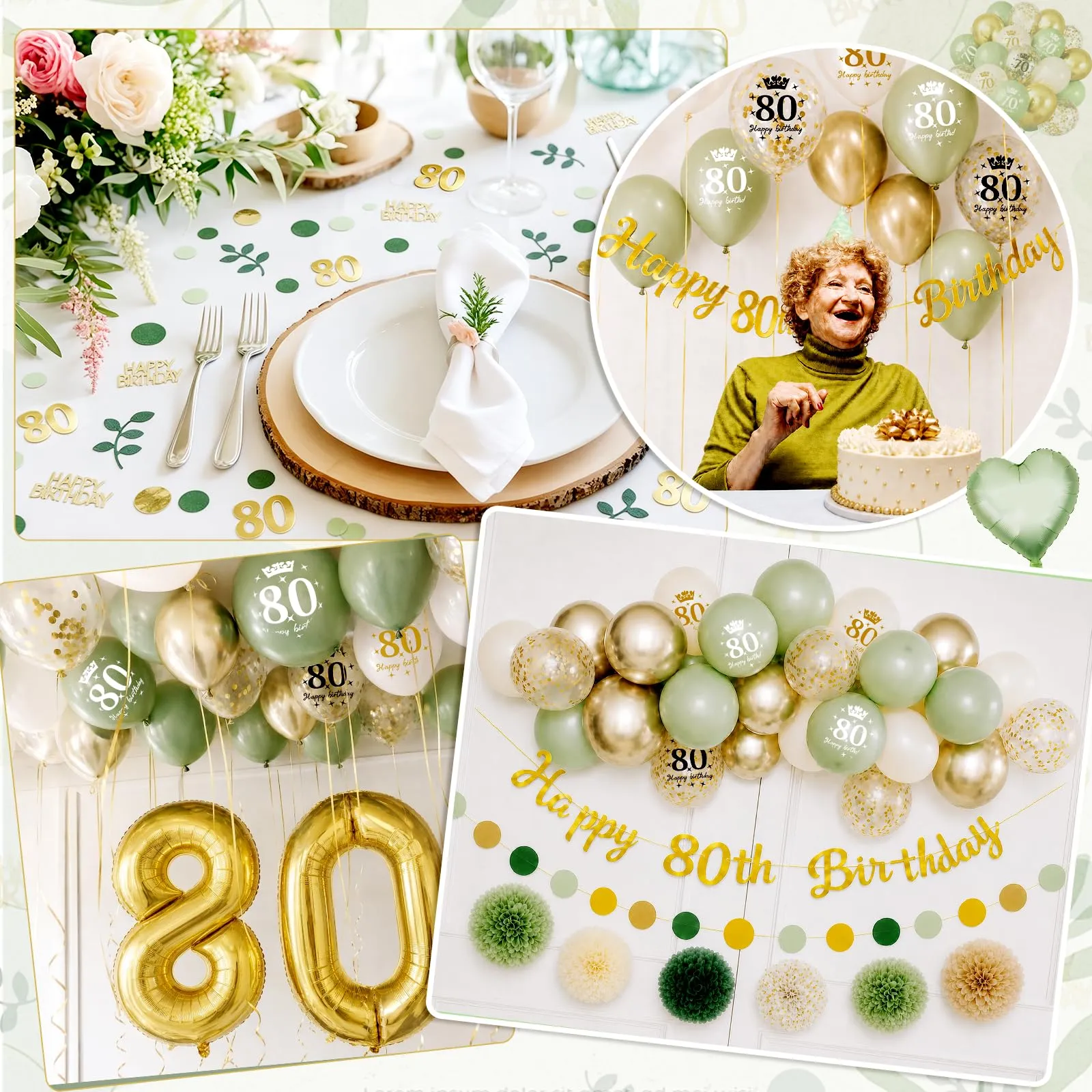 Almaxi Set Decorazioni 80 Anni Compleanno Verde Oro, Palloncini Numero 80 32 Pollici, Striscione e Accessori - immagine 4