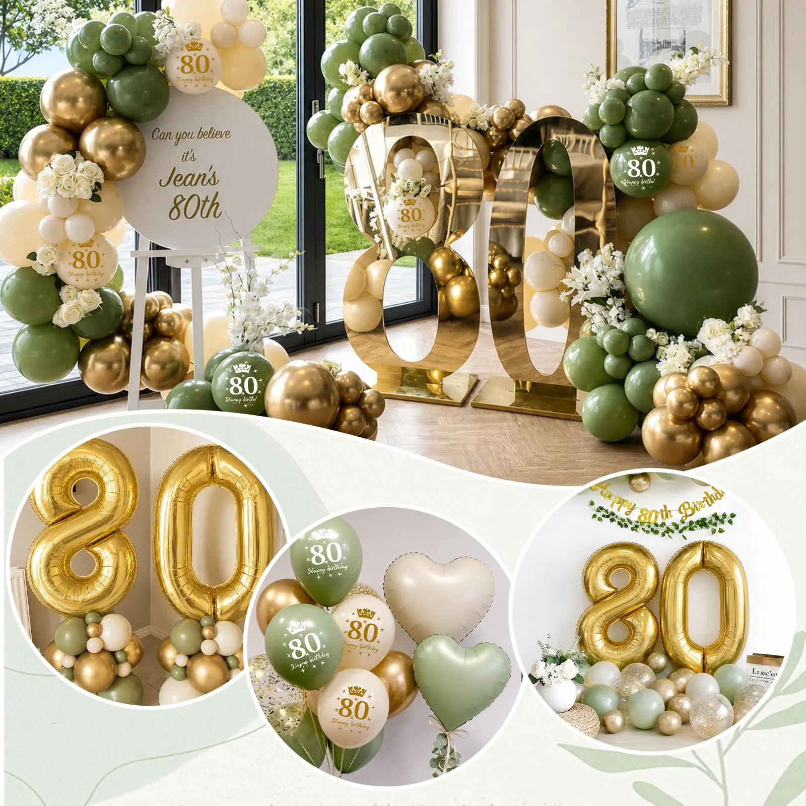 Almaxi Set Decorazioni 80 Anni Compleanno Verde Oro, Palloncini Numero 80 32 Pollici, Striscione e Accessori - immagine 5