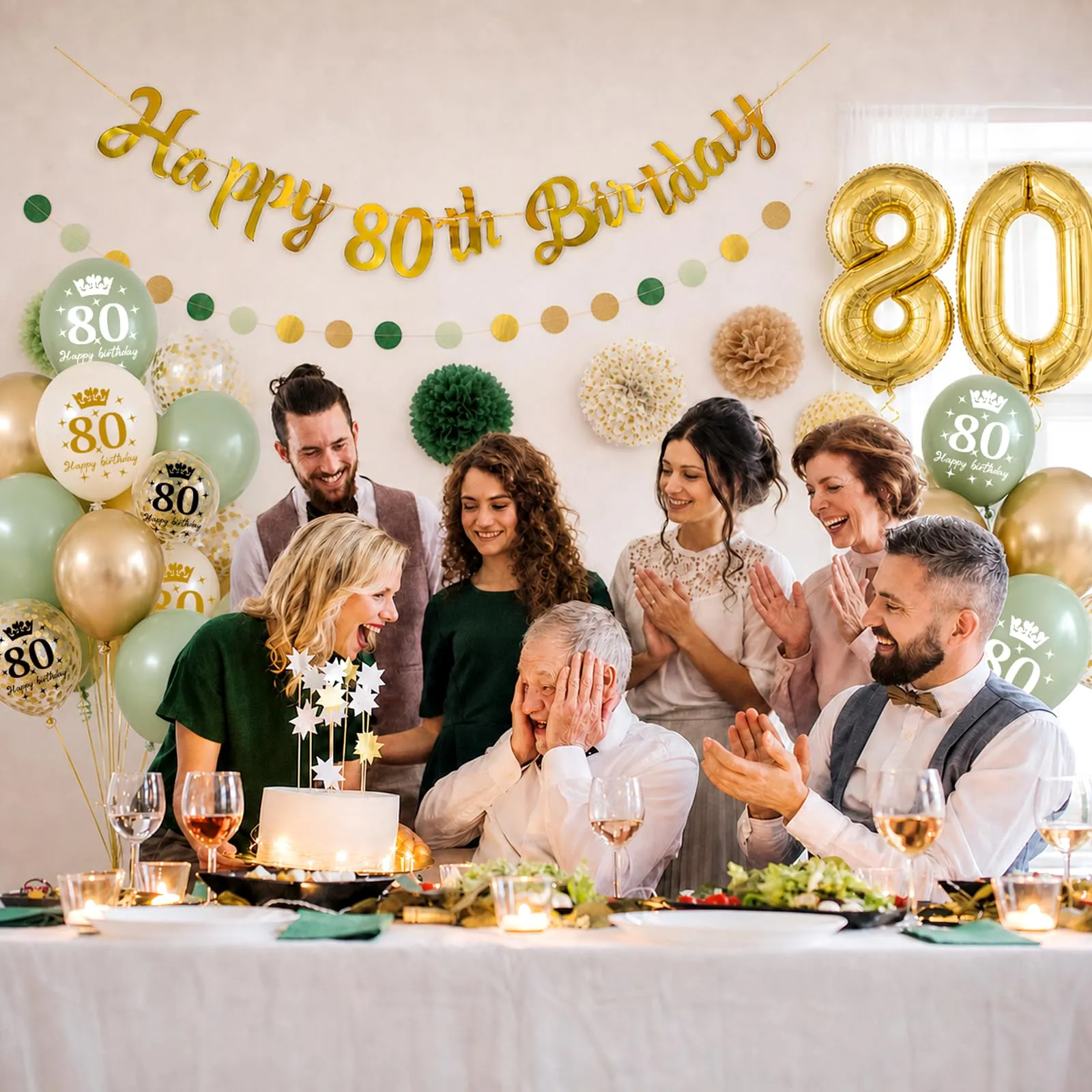 Almaxi Set Decorazioni 80 Anni Compleanno Verde Oro, Palloncini Numero 80 32 Pollici, Striscione e Accessori - immagine 6