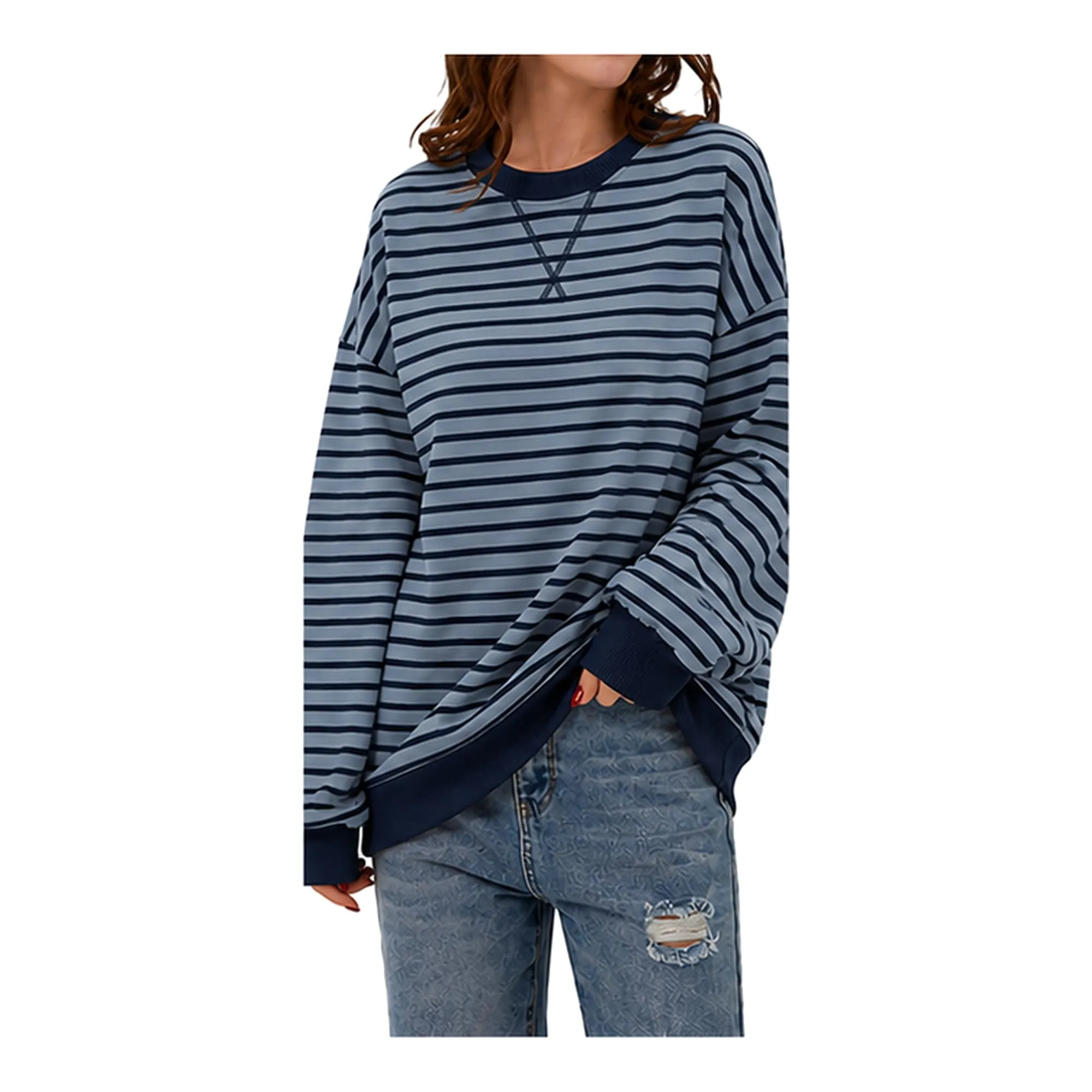 DUOEASE Felpa Donna Oversize a Righe Manica Lunga Top Y2K - immagine 2