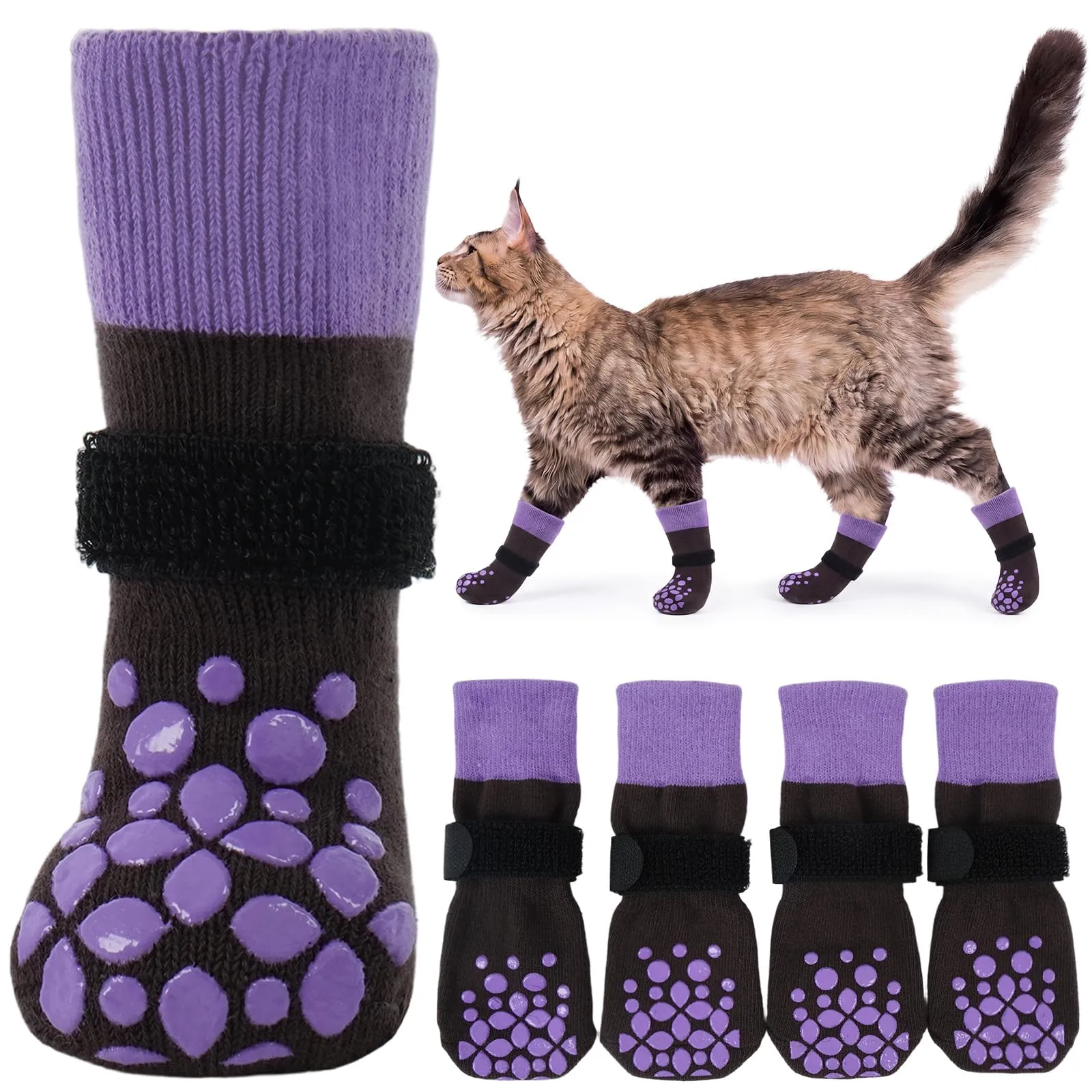 PUMYPOREITY Calzini Protettivi per Zampe di Gatto, 2 Paia, Traspiranti e Antiscivolo per Ferite e Post-Operatorio, Viola, XS - immagine 1