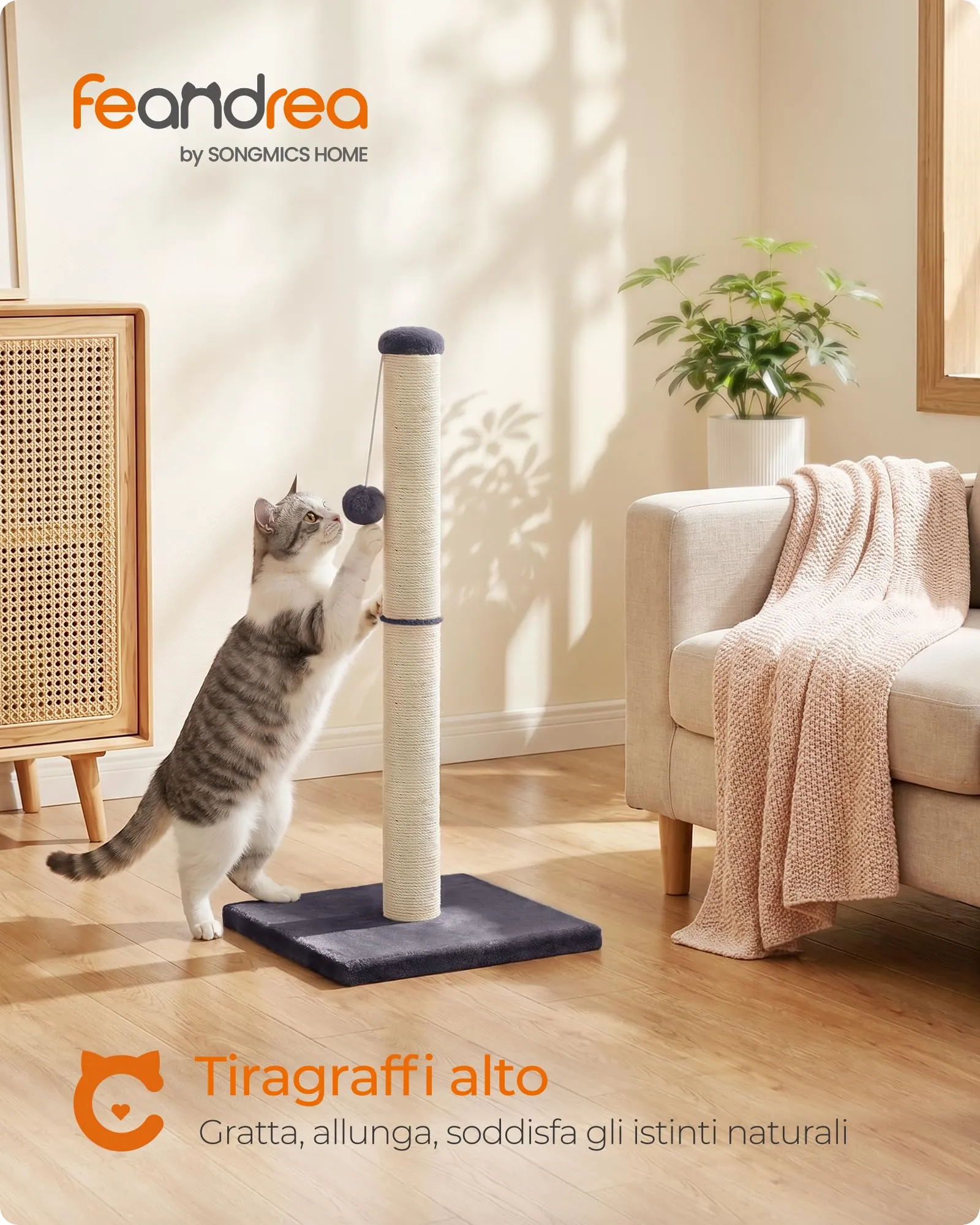 Feandrea Tiragraffi per Gatti in Sisal Naturale, 40 x 40 x 84 cm, Grigio Scuro - immagine 2