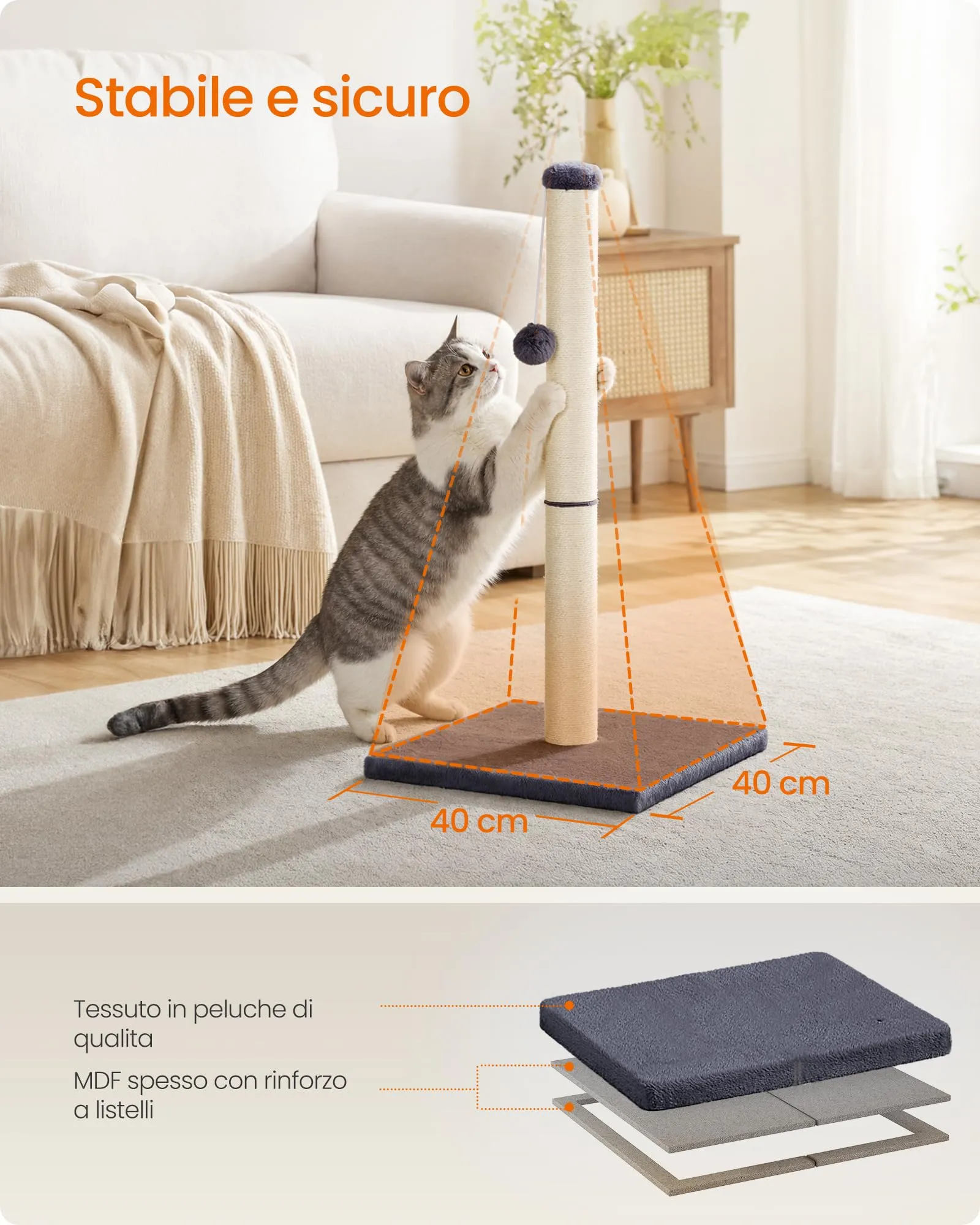 Feandrea Tiragraffi per Gatti in Sisal Naturale, 40 x 40 x 84 cm, Grigio Scuro - immagine 3
