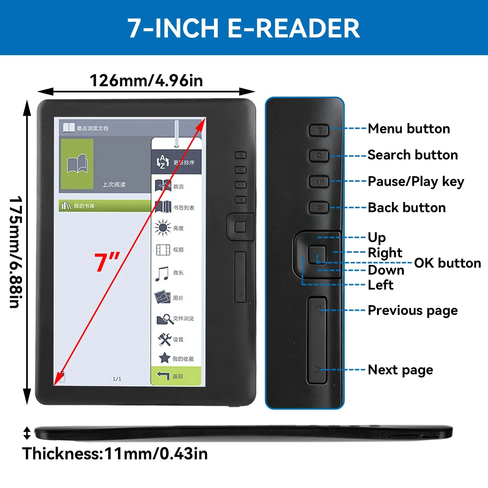 Mimdixy BK7019 Lettore di ebook 7 pollici LCD TFT, ARM9 Core, 512 MB RAM, 4G Memoria - immagine 2