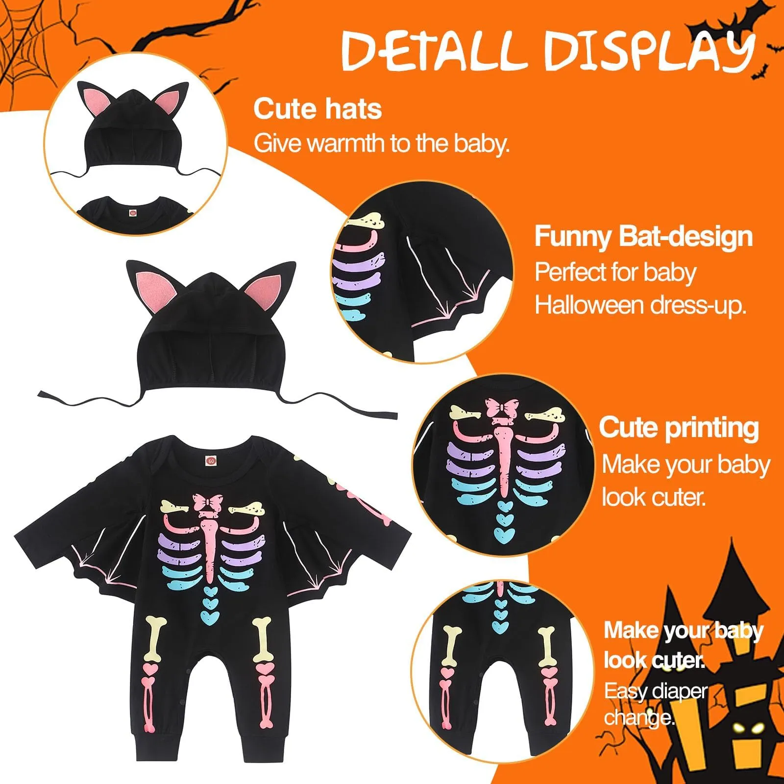 FUTERLY Costume Pipistrello e Scheletro per Neonato, 0-3 Mesi - immagine 4