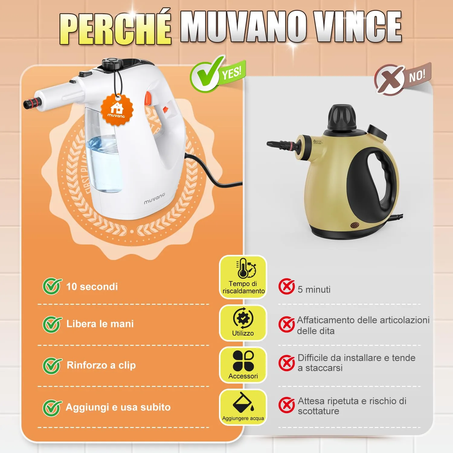 Muvano Pulitore a Vapore Portatile Pressurizzato 450ml con 11 Accessori - immagine 6