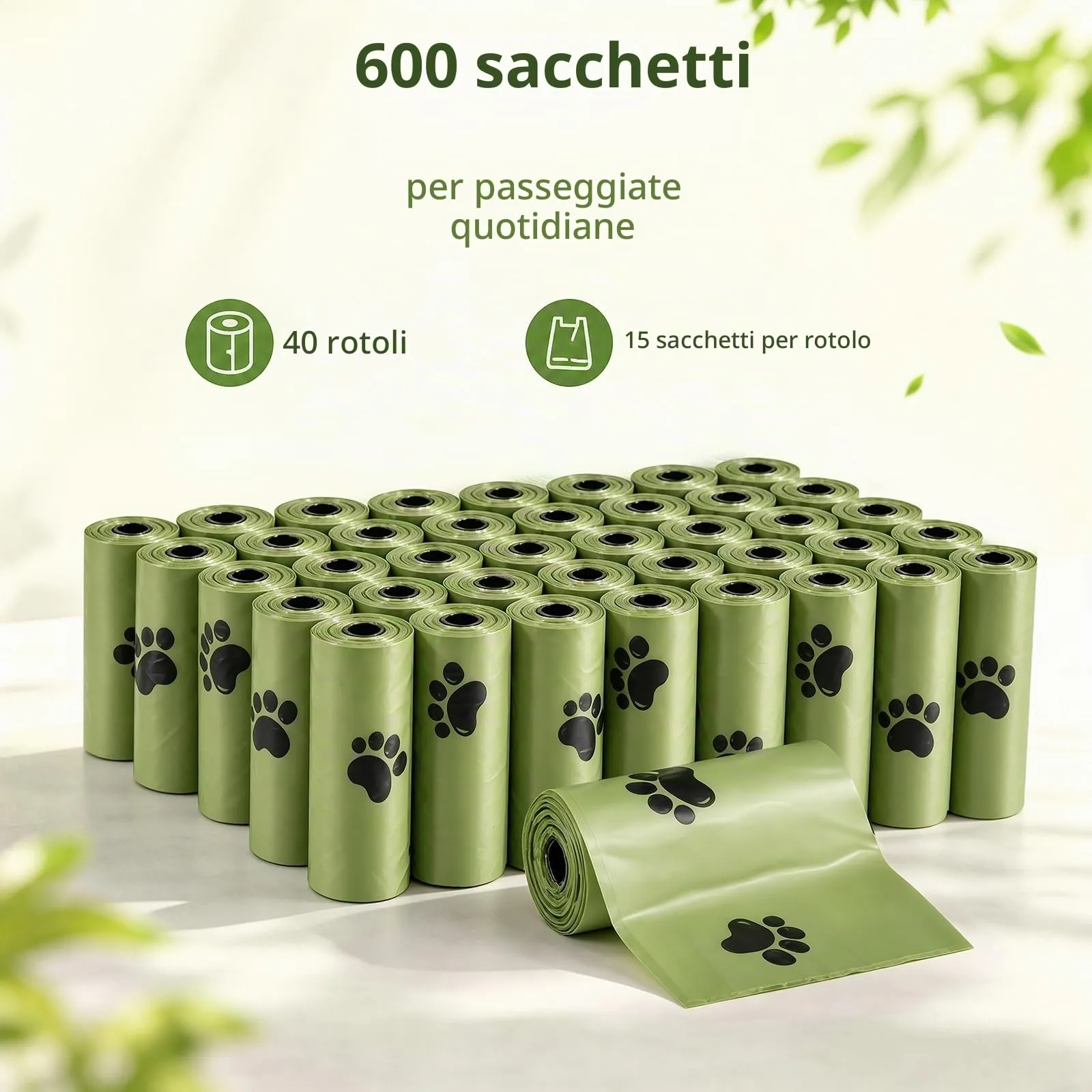 Diboniur Borsa per Crotte Cane, Verde, 600 Pezzi (40 rotoli da 15) - immagine 3