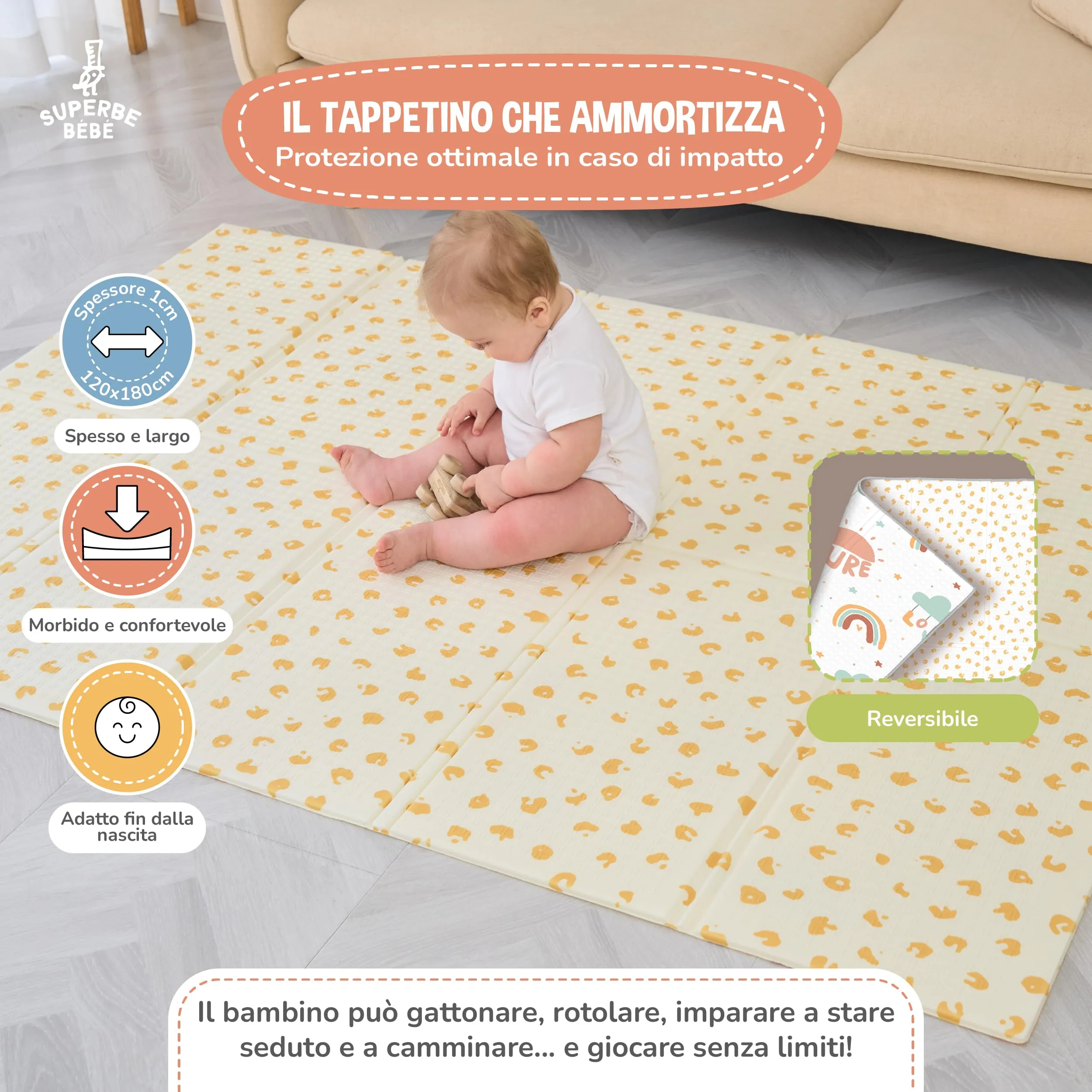 SUPERBE BEBE Tappeto Gioco Bambini Pieghevole 120x180x1cm Montessori Reversibile in Schiuma - immagine 2