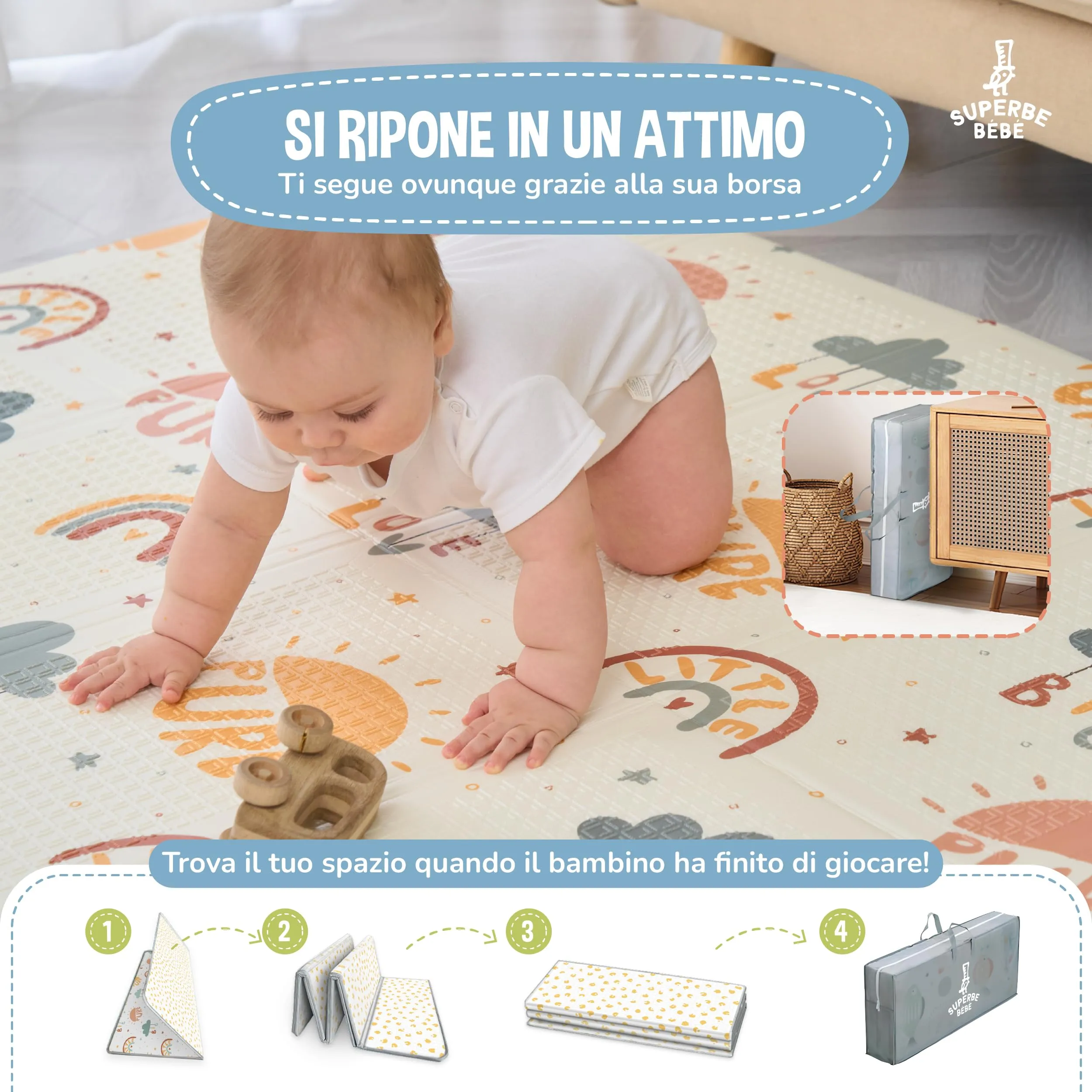 SUPERBE BEBE Tappeto Gioco Bambini Pieghevole 120x180x1cm Montessori Reversibile in Schiuma - immagine 3