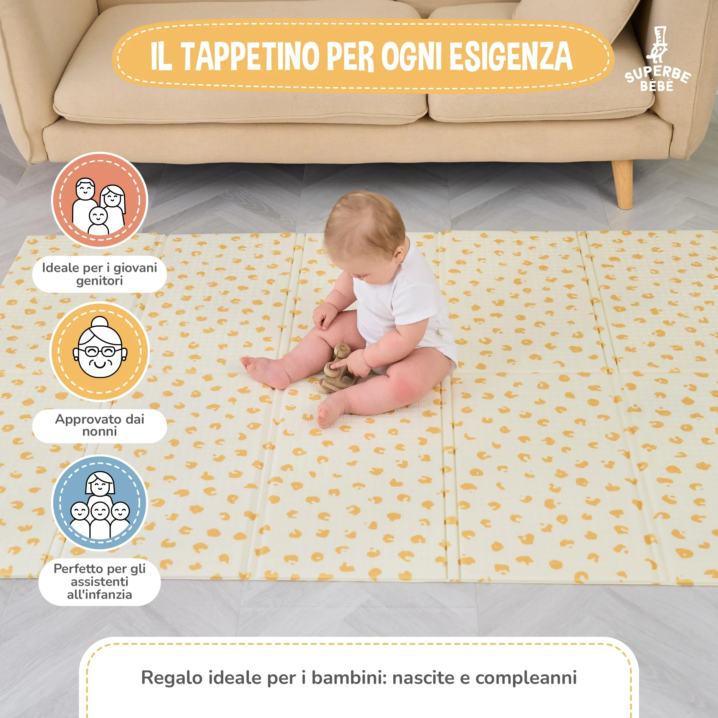 SUPERBE BEBE Tappeto Gioco Bambini Pieghevole 120x180x1cm Montessori Reversibile in Schiuma - immagine 4