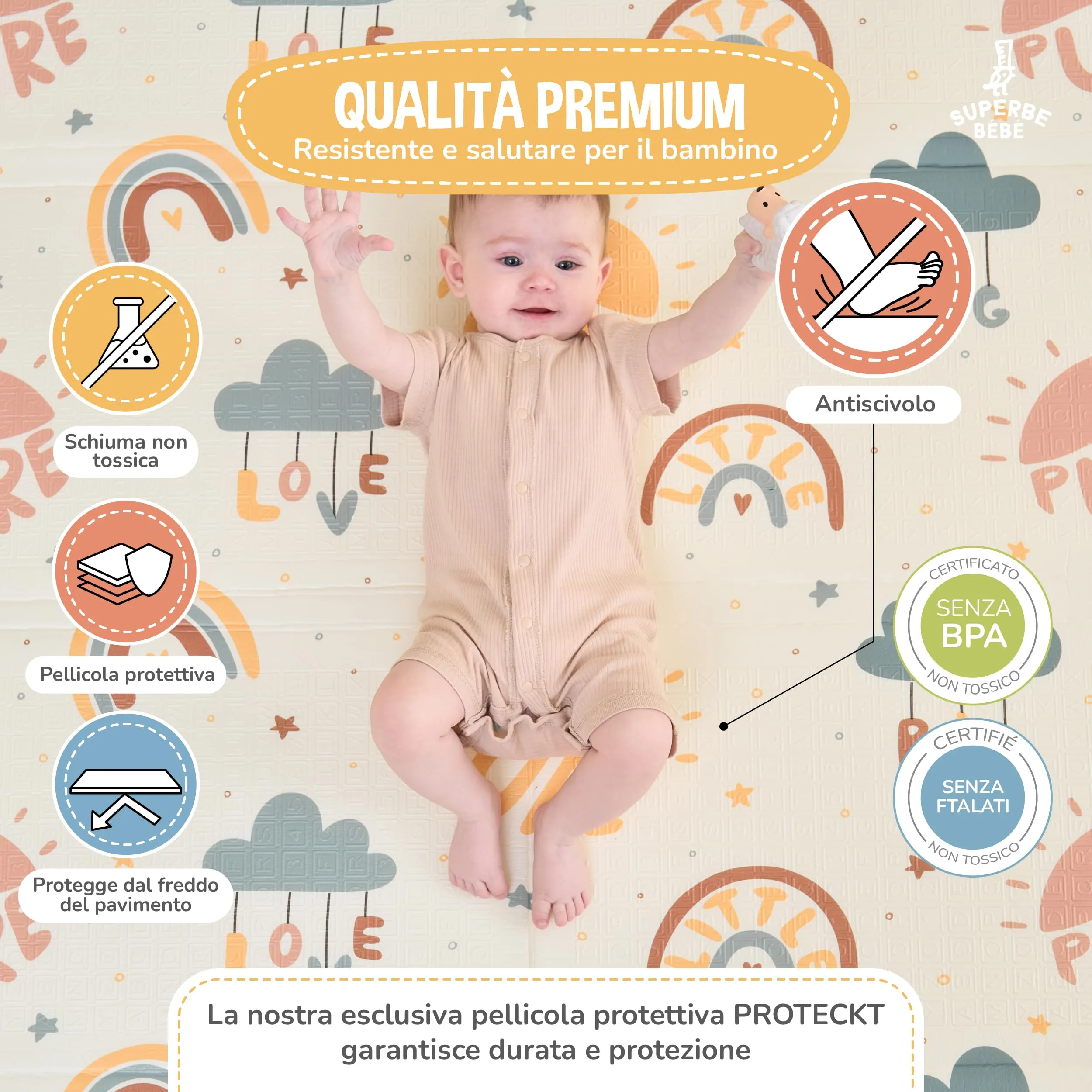 SUPERBE BEBE Tappeto Gioco Bambini Pieghevole 120x180x1cm Montessori Reversibile in Schiuma - immagine 5