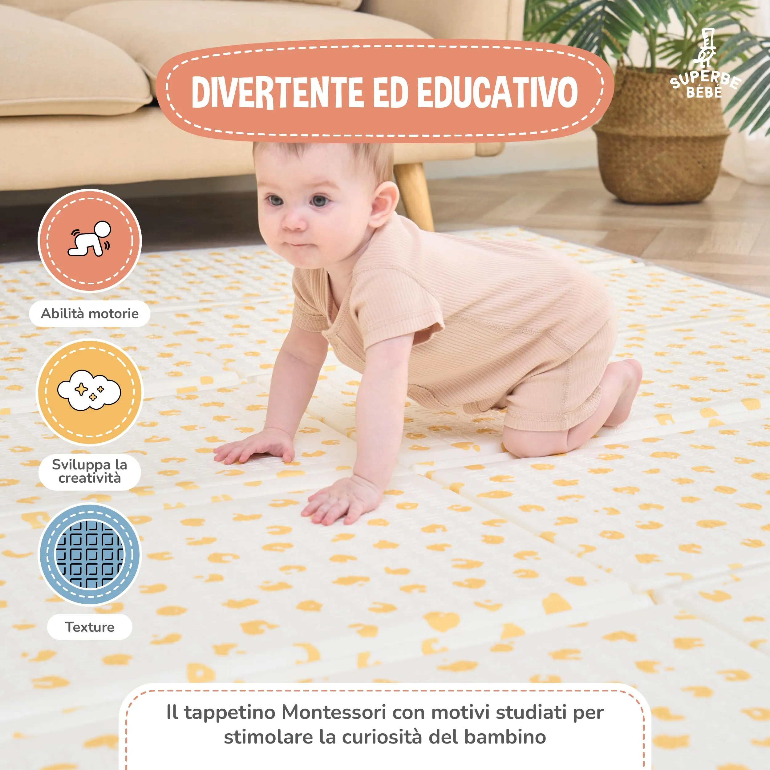 SUPERBE BEBE Tappeto Gioco Bambini Pieghevole 120x180x1cm Montessori Reversibile in Schiuma - immagine 6