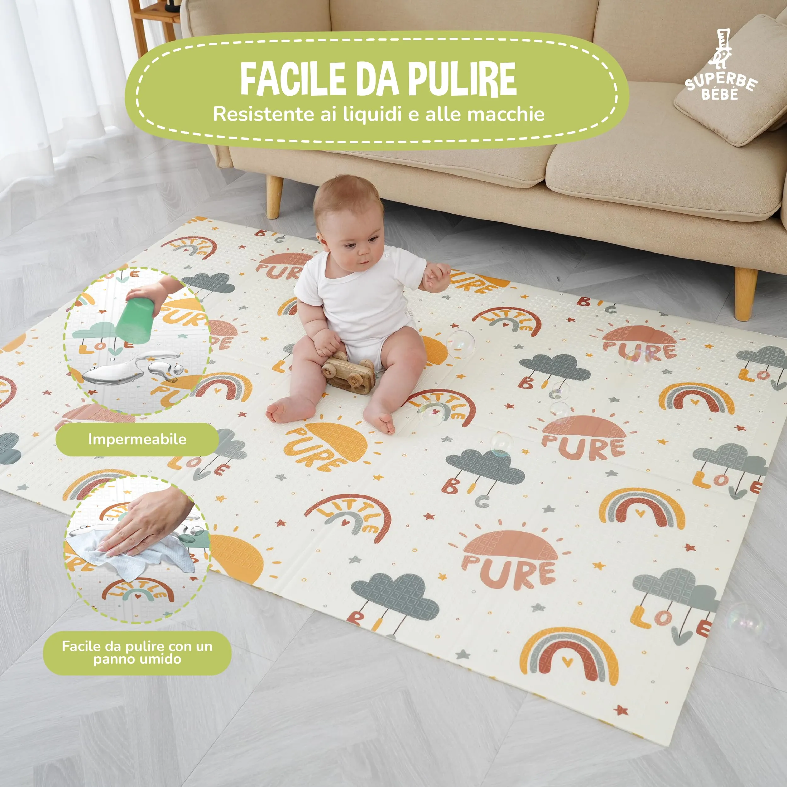 SUPERBE BEBE Tappeto Gioco Bambini Pieghevole 120x180x1cm Montessori Reversibile in Schiuma - immagine 8