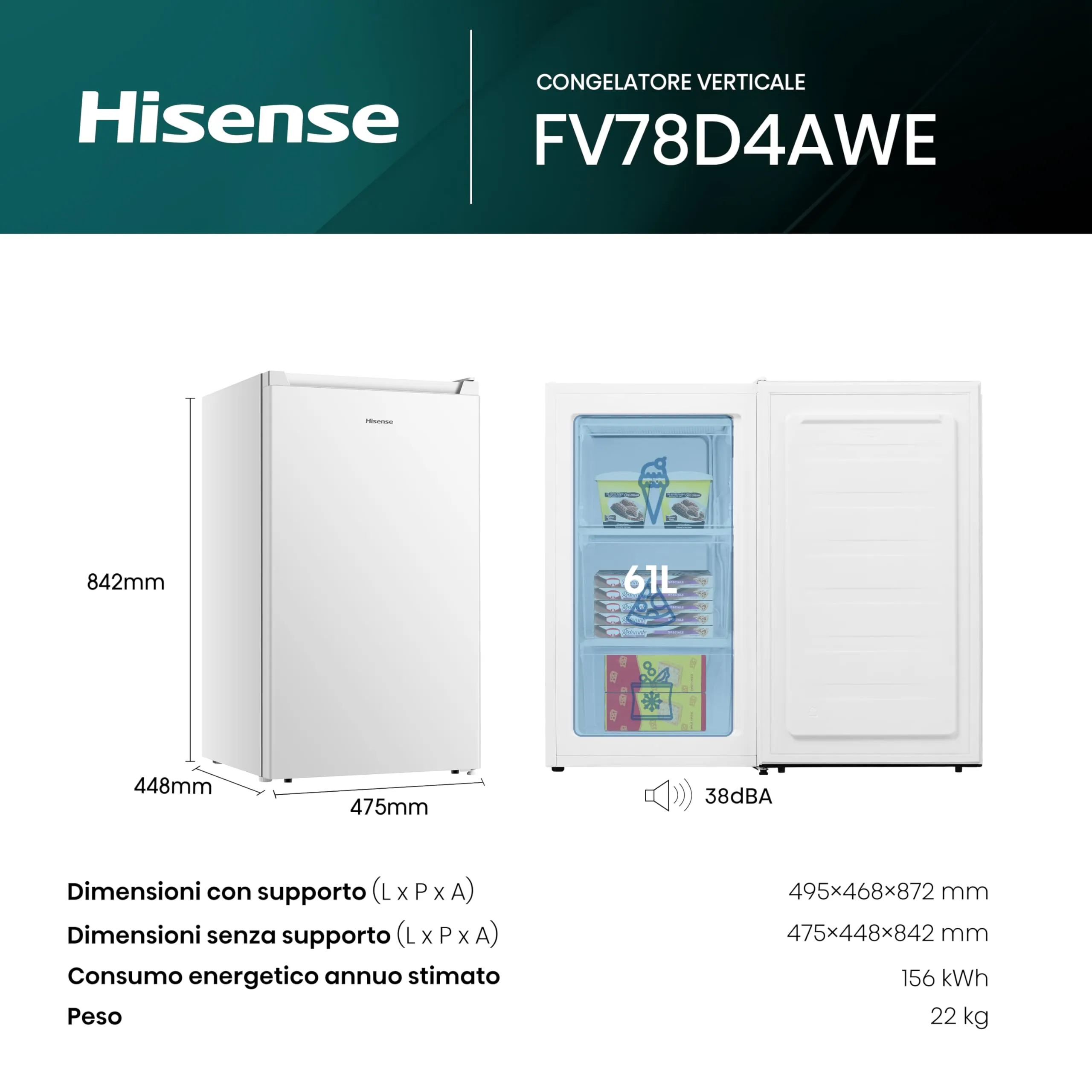 Hisense FV78D4AWE Congelatore Monoporta Verticale, 3 Cassetti, 61 Litri, Classe E, Bianco - immagine 2