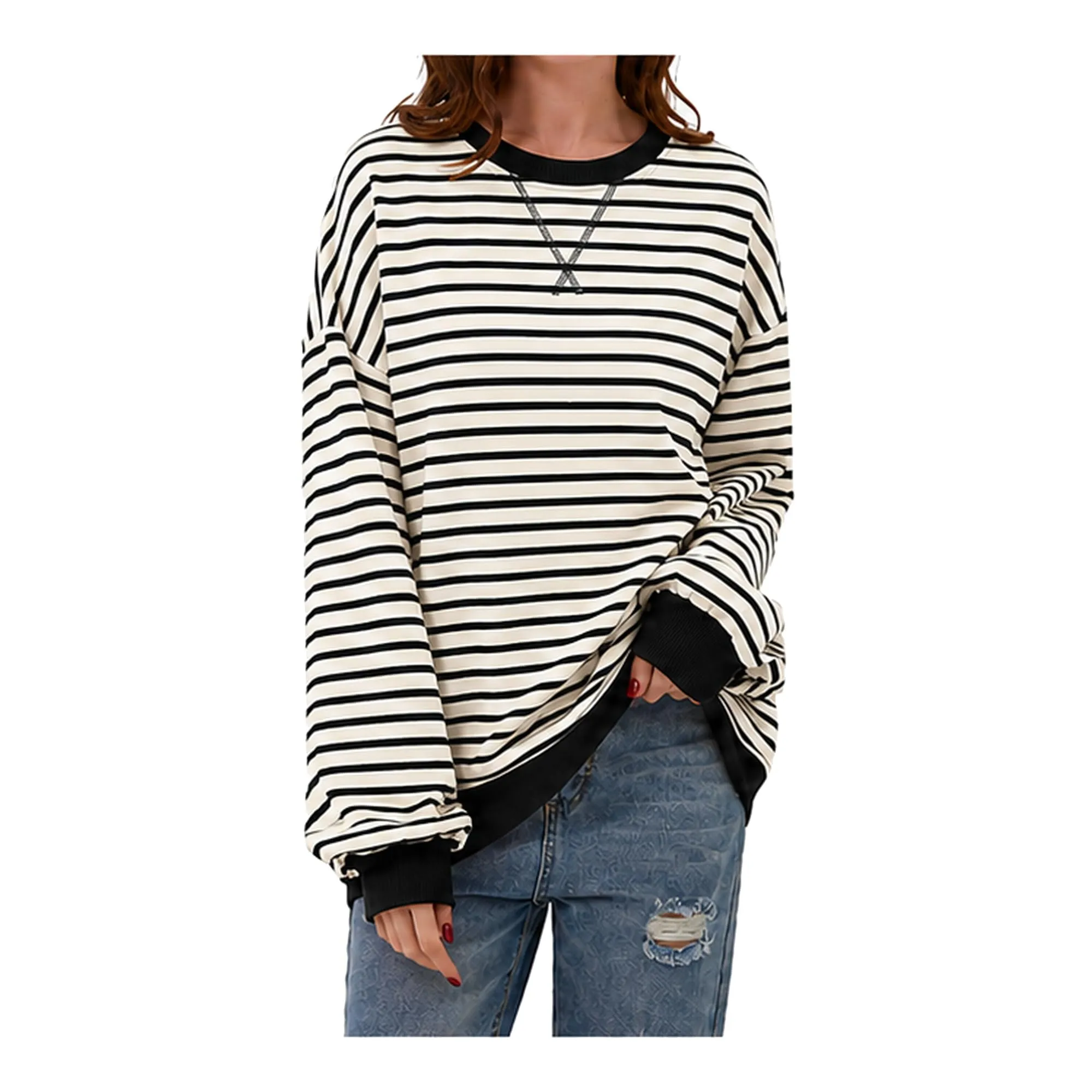 DUOEASE Felpa Donna Oversize a Righe Manica Lunga - immagine 1