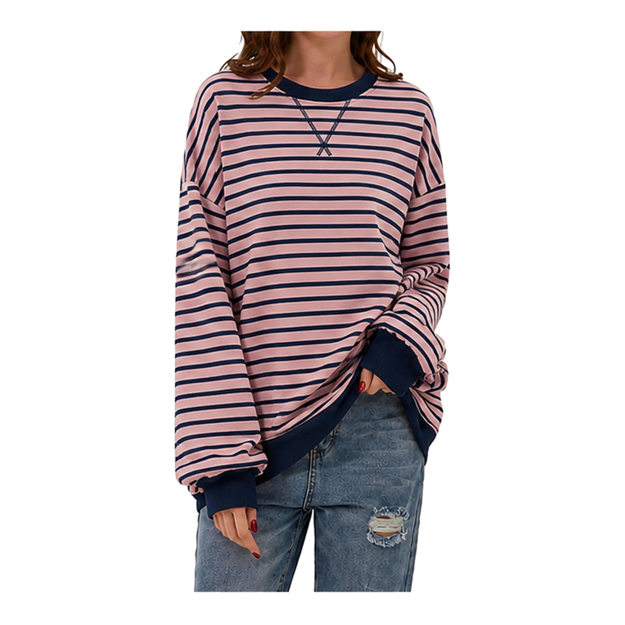 DUOEASE Felpa Donna Oversize a Righe Manica Lunga Y2K - immagine 1