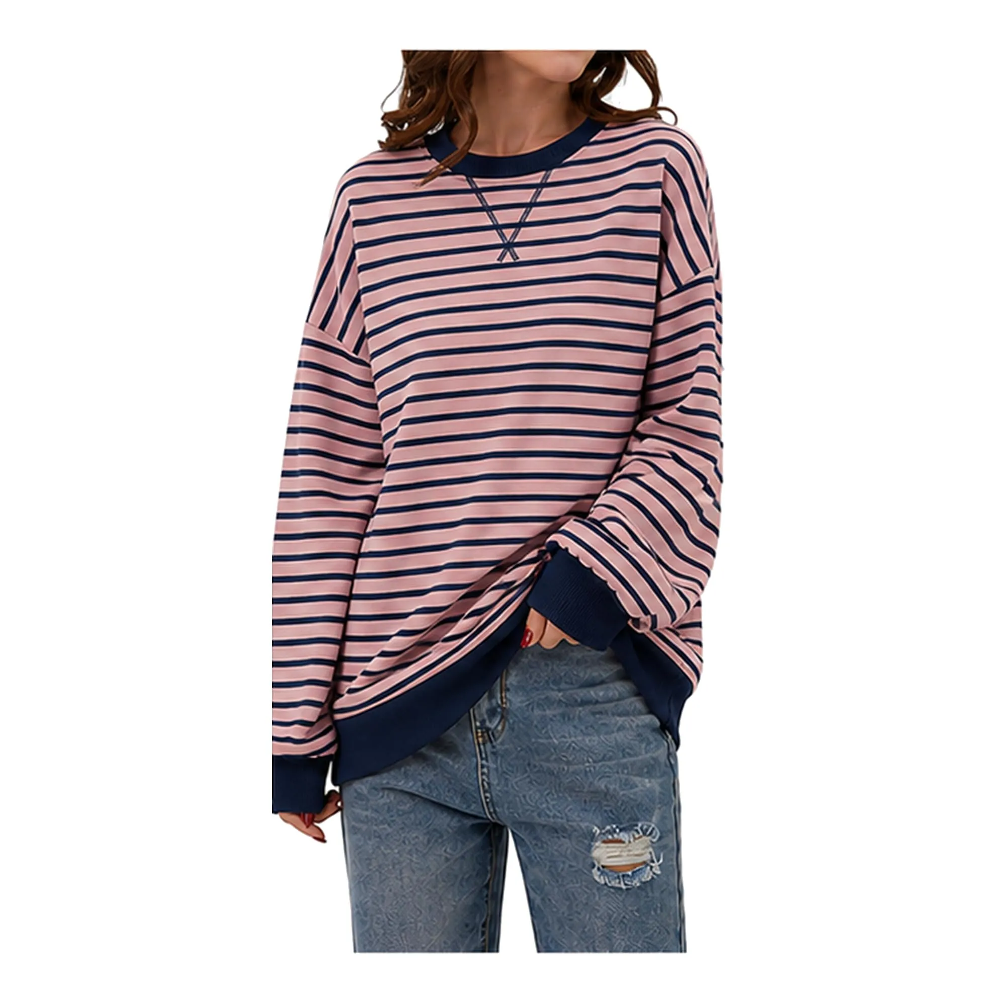 DUOEASE Felpa Donna Oversize a Righe Manica Lunga Y2K - immagine 2